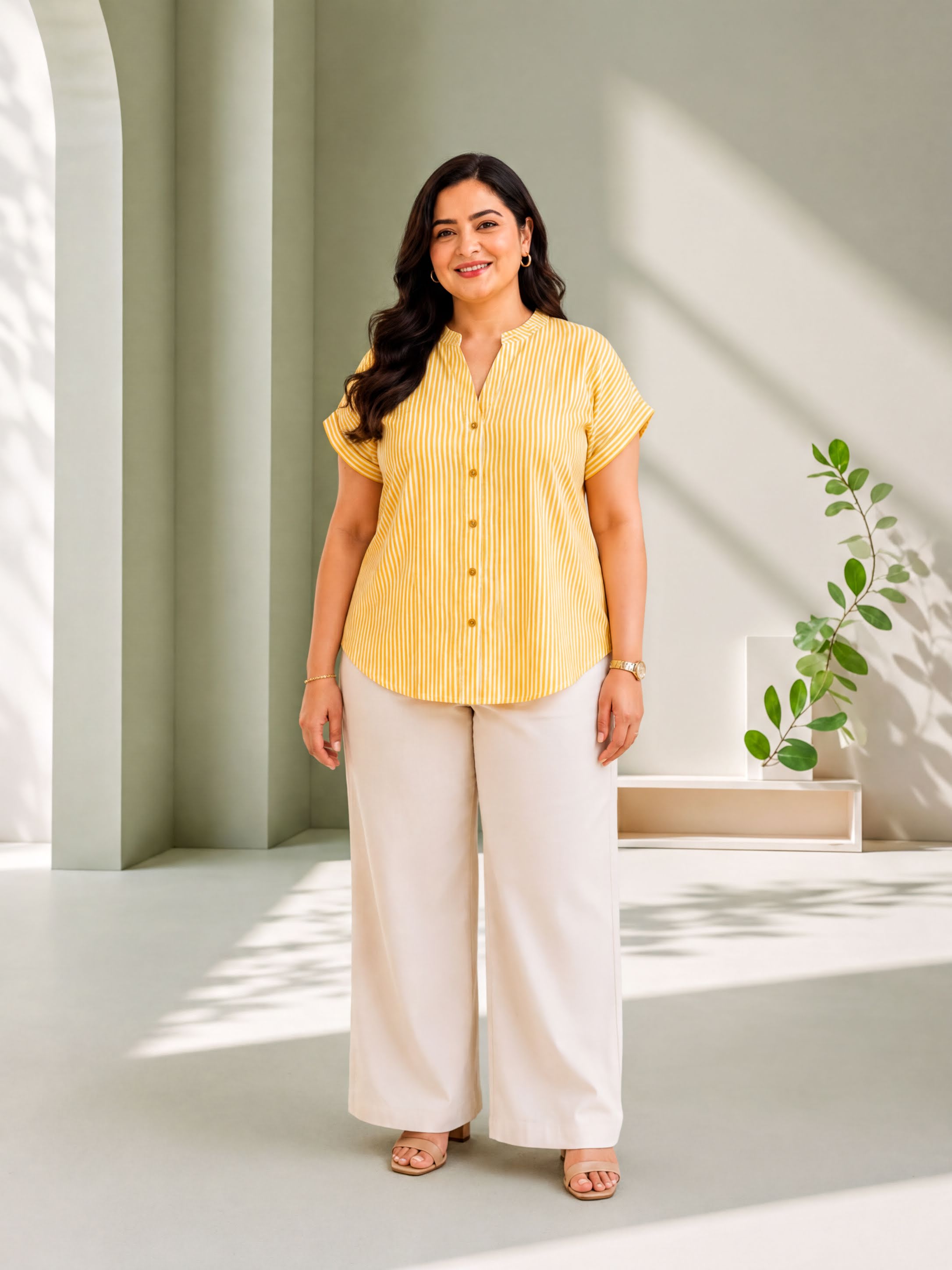 A woman wearing a yellow striped blouse and white pants stands in a minimalist room with a plant and a white shelf.