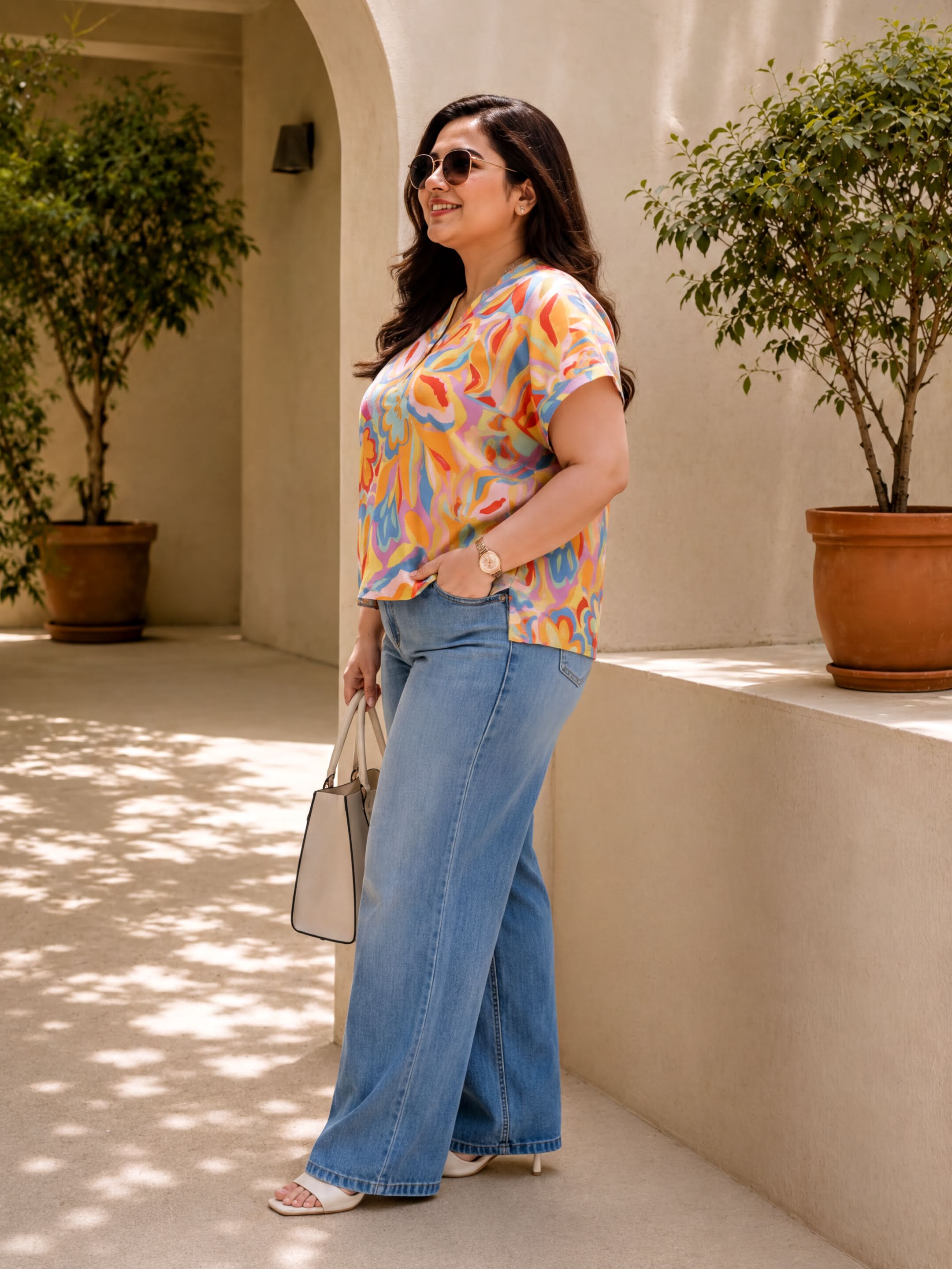 A woman wearing a colorful printed blouse and jeans stands in a hallway with potted plants on either side, smiling and holding a handbag.