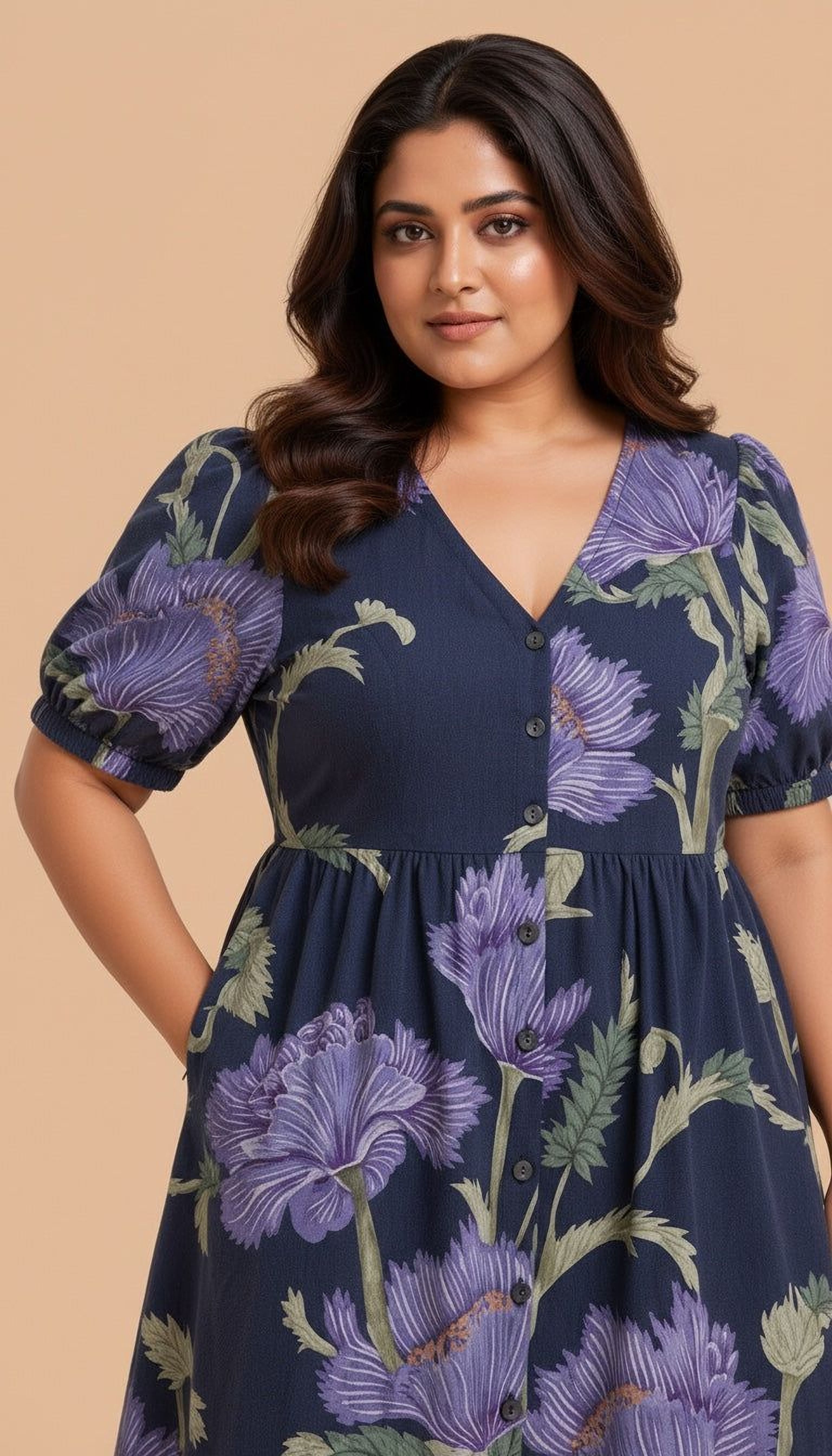 A woman wearing a blue dress with a floral print, posing for a portrait against a peach background.