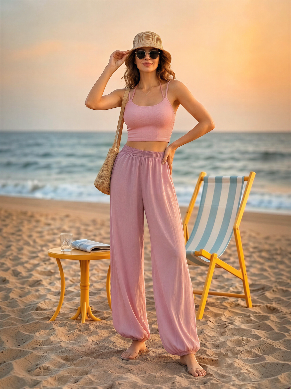 A woman in a pink outfit stands on a sandy beach, with a yellow chair and a glass table nearby.