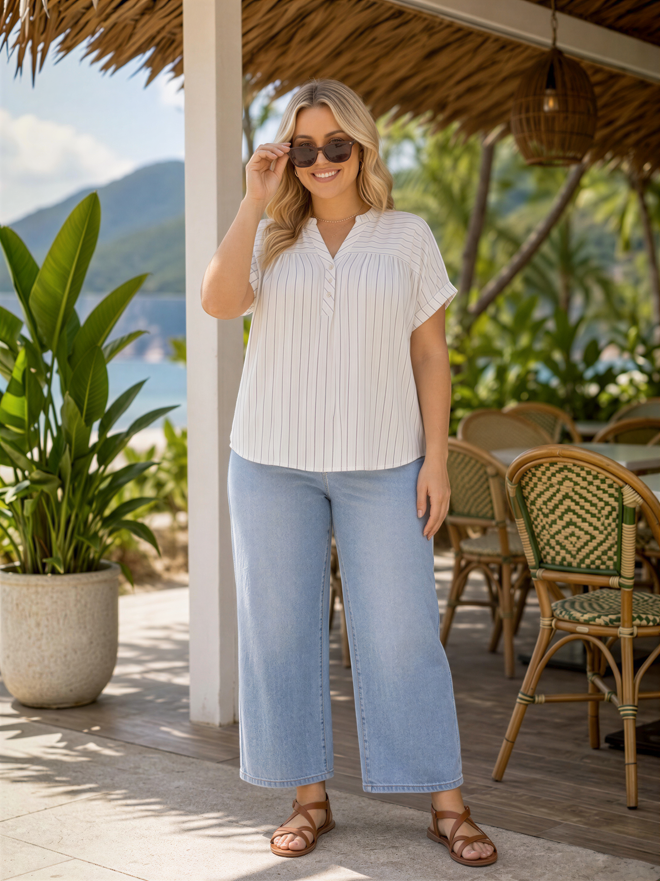 A woman wearing sunglasses and a striped blouse stands in front of a thatched roof structure, with a scenic view of mountains and palm trees in the background.