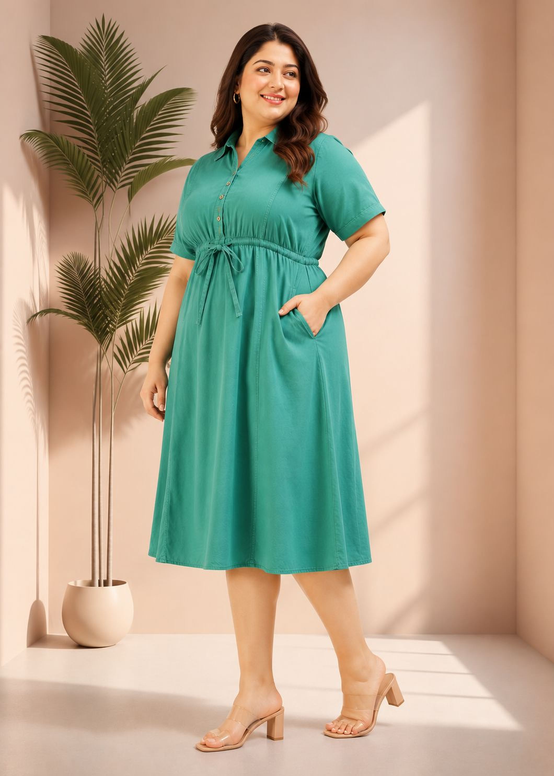 A woman wearing a green dress with short sleeves and a tie at the waist, standing in a room with a potted plant and natural light.