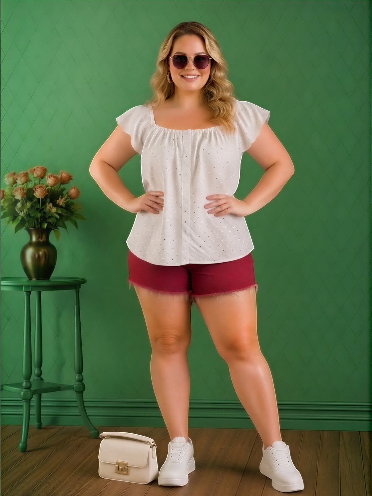 A woman wearing a white blouse, red shorts, and sunglasses stands confidently in front of a green wall, with a white handbag and a vase of flowers nearby.