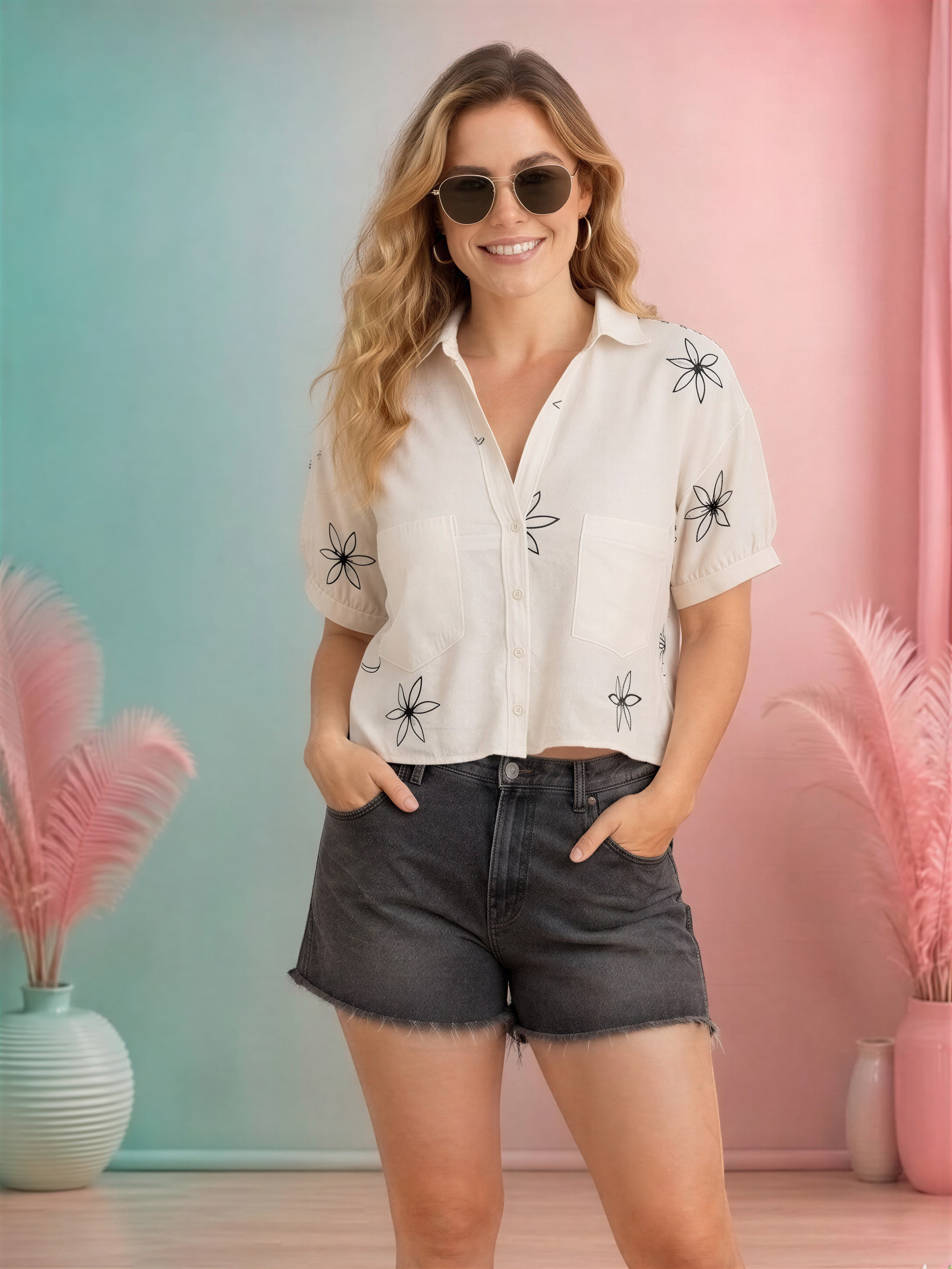 A woman wearing a white shirt with black flower designs, black shorts, and sunglasses stands in front of a pink and blue background.