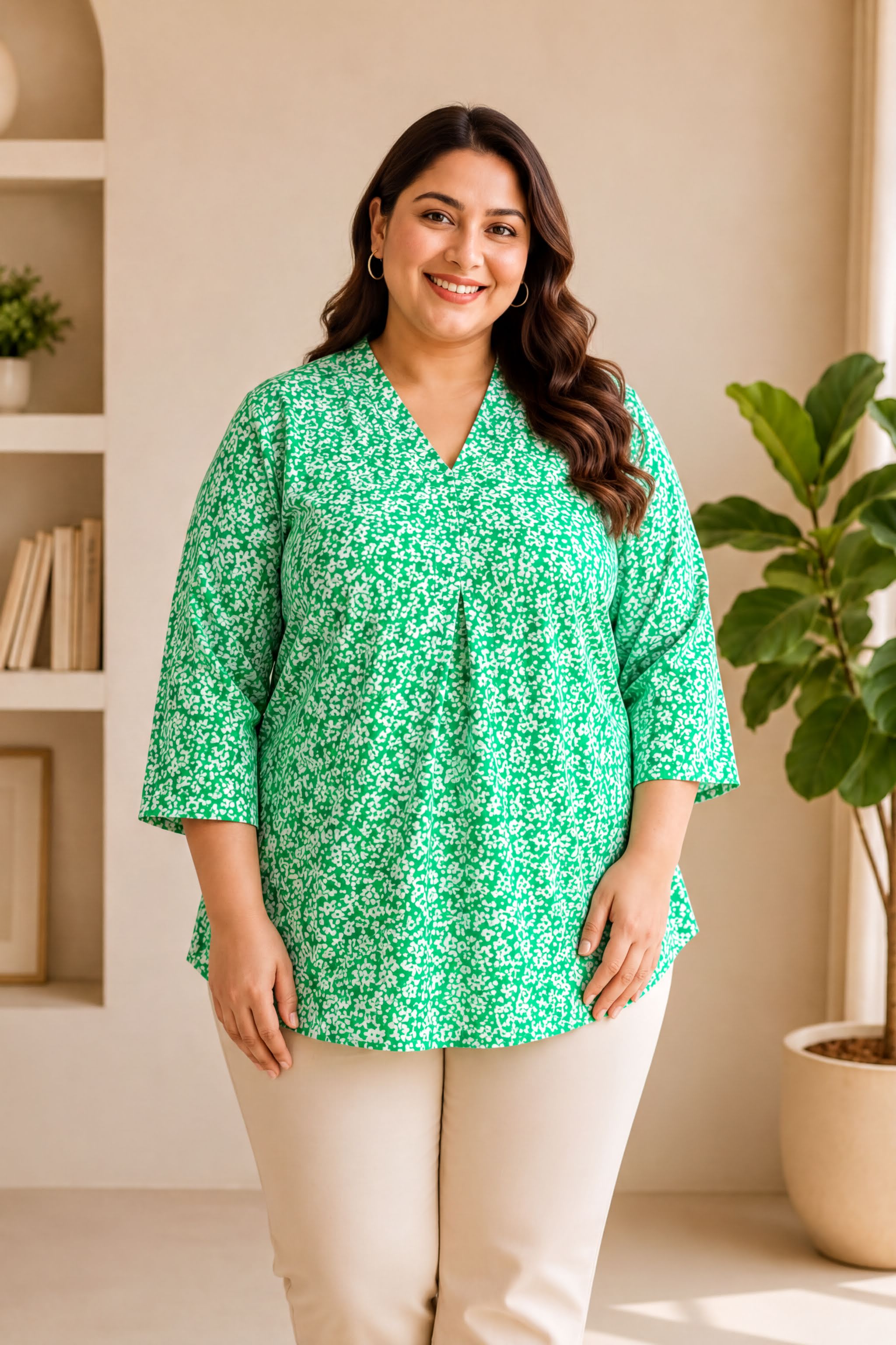 A woman wearing a green floral blouse stands in a room with a potted plant and bookshelves in the background.