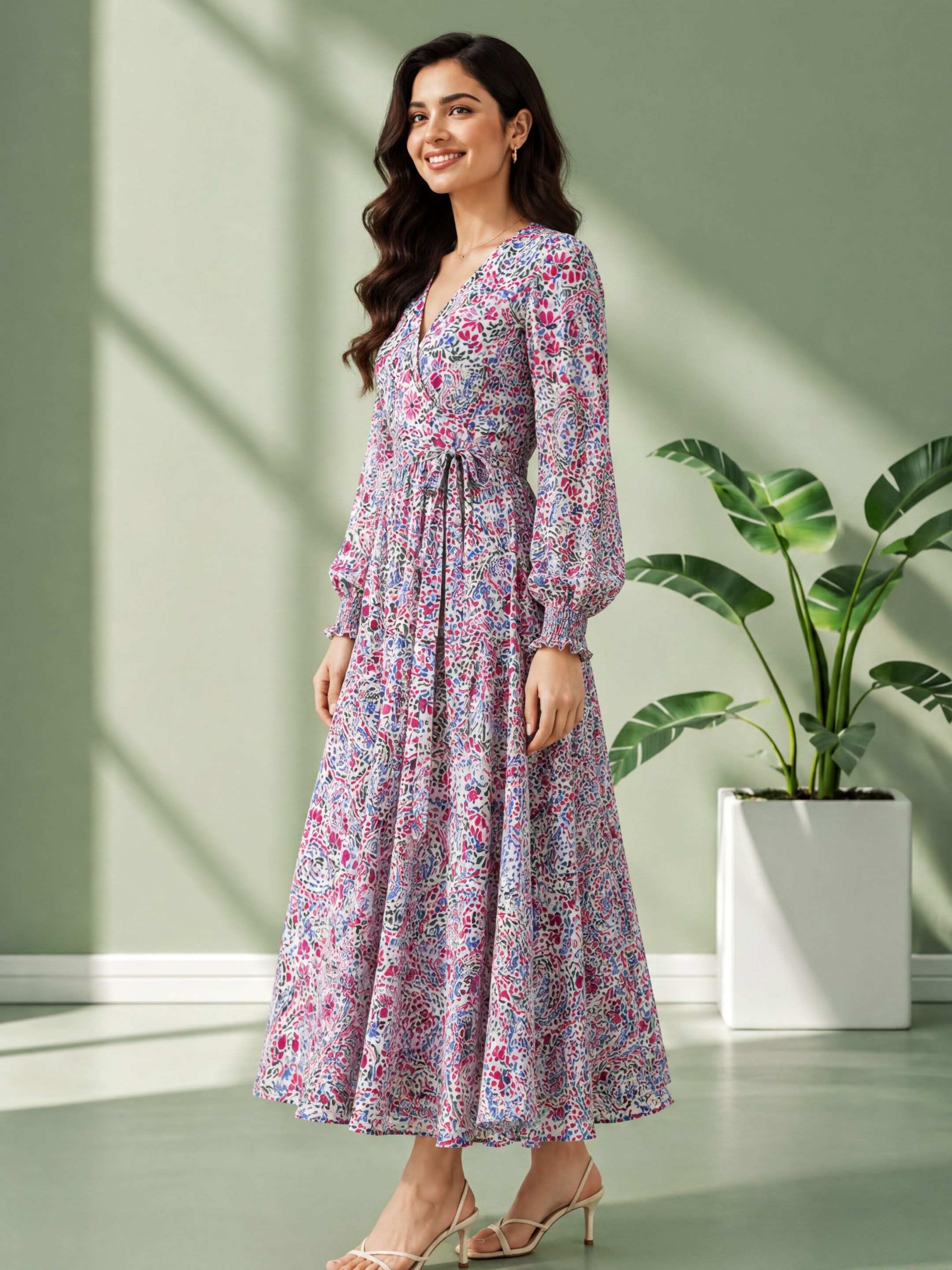 A woman wearing a long, colorful floral dress stands in a room with a potted plant in the background.