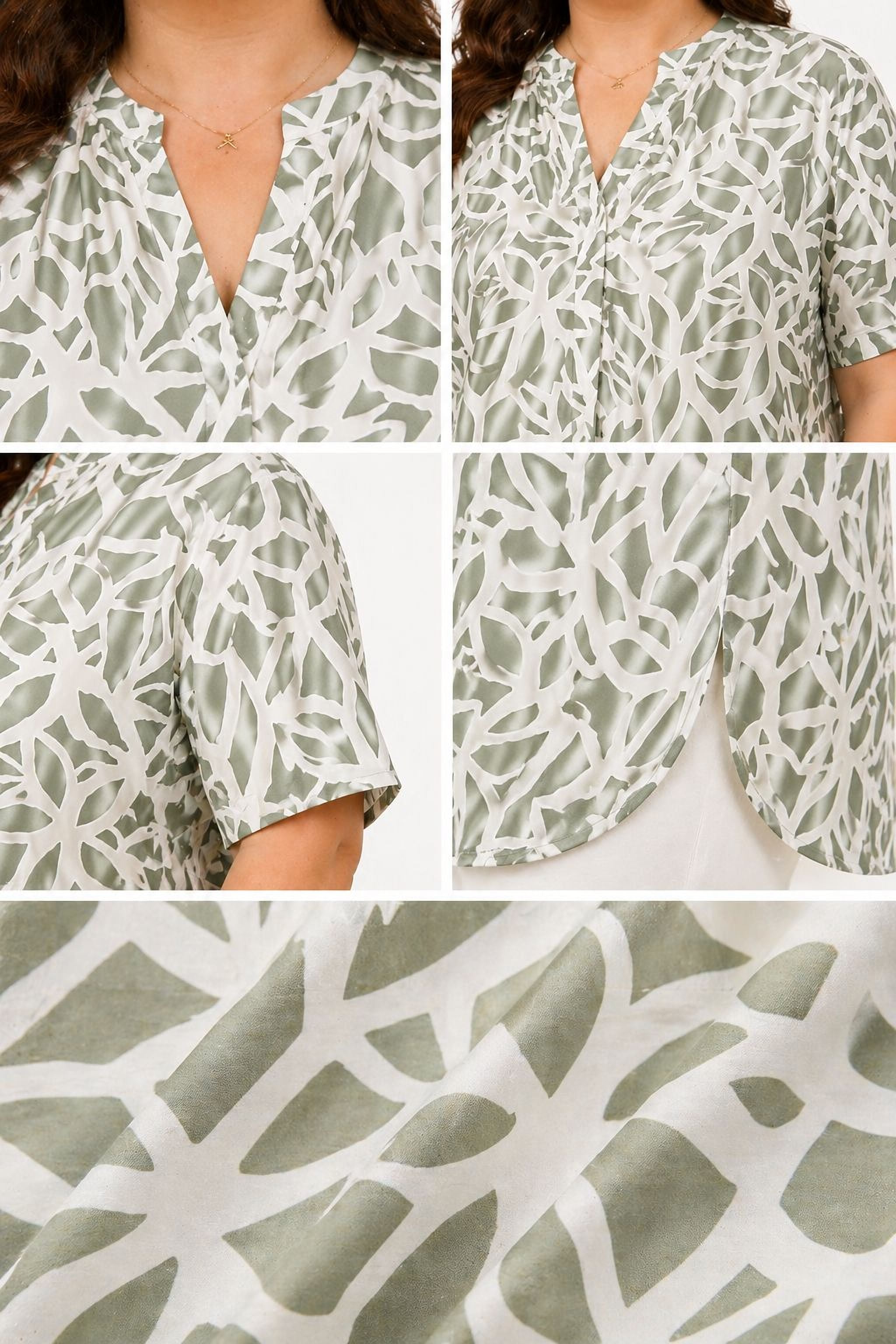 A collage of four images showing different views of a woman wearing a white and green patterned blouse.