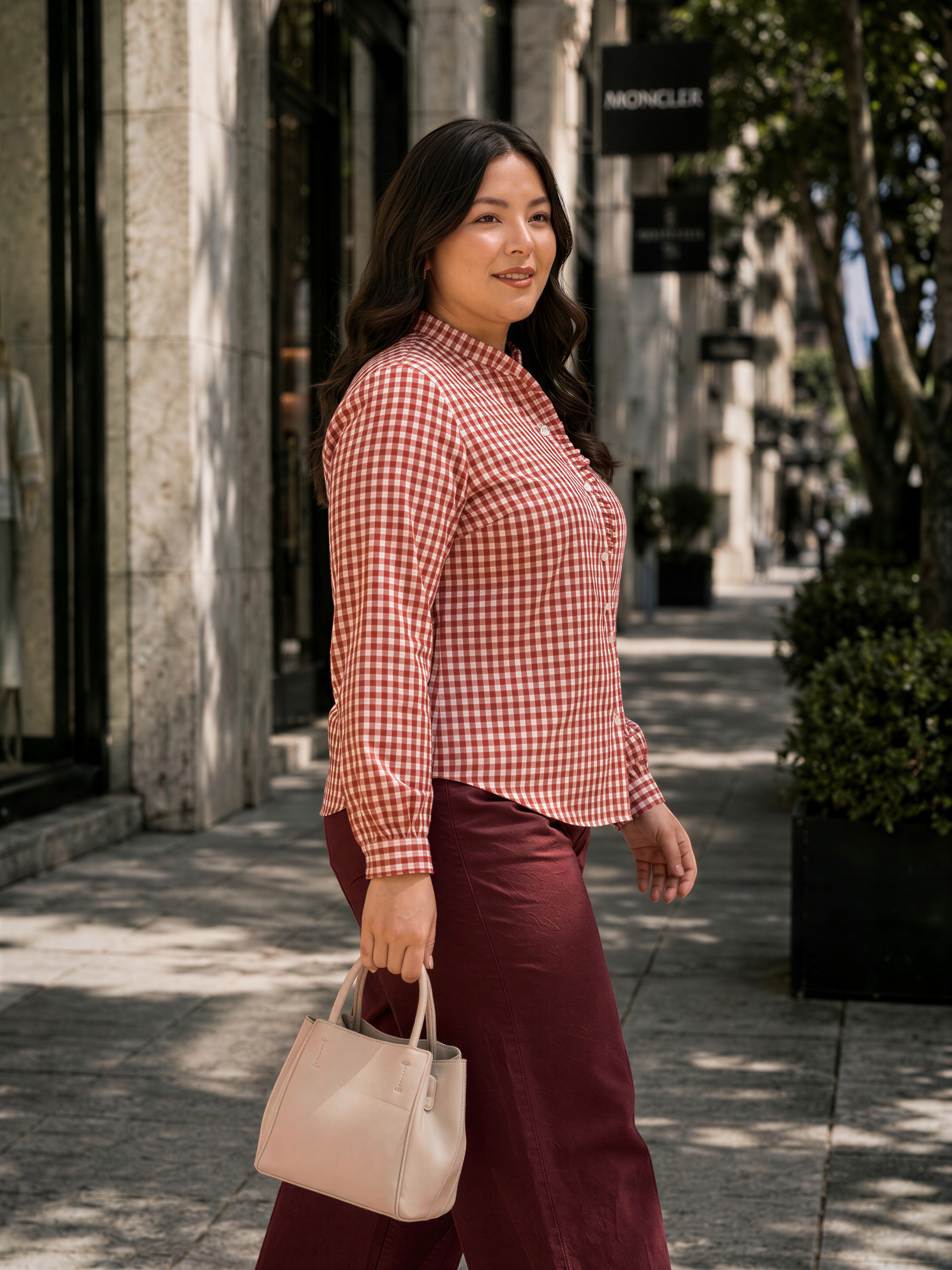 A woman wearing a red and white checkered shirt and maroon pants is walking down a city street, carrying a small white purse.
