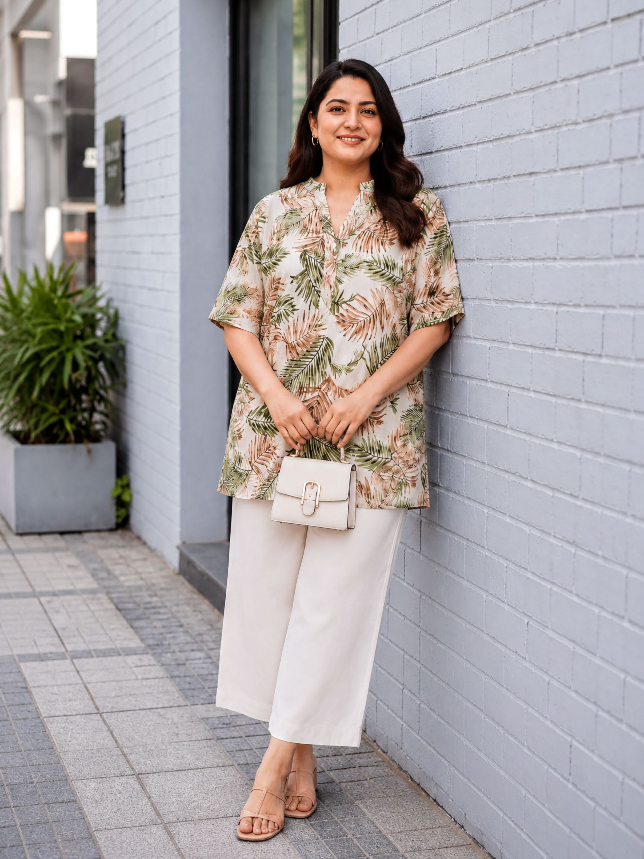 A woman wearing a floral print shirt and white pants stands against a white brick wall, smiling and holding a small white purse.