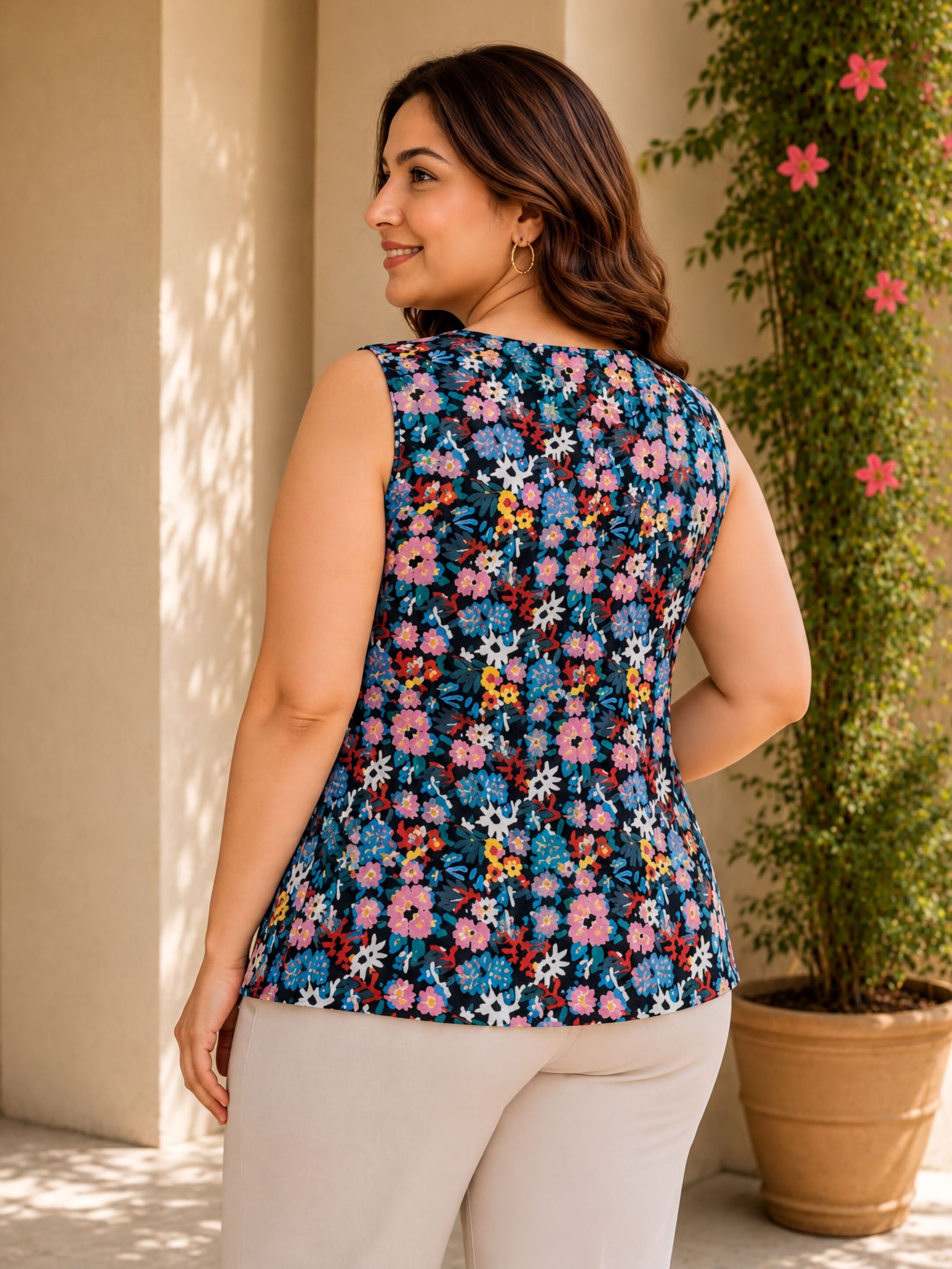 A woman wearing a sleeveless floral top stands in front of a building with a potted plant.