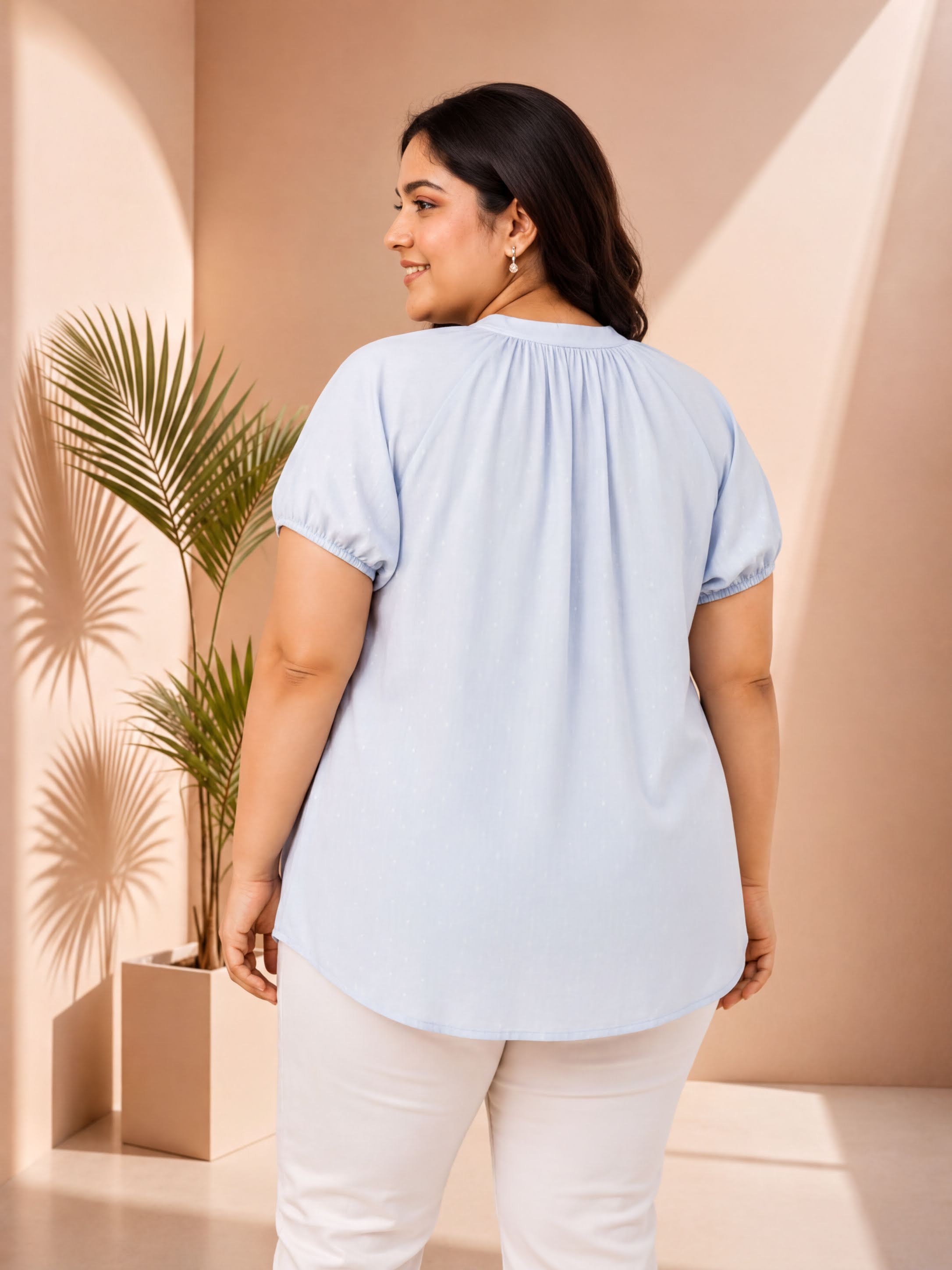 glare blue gather detail short sleeve button down rayon swiss dot dobby plus size women top