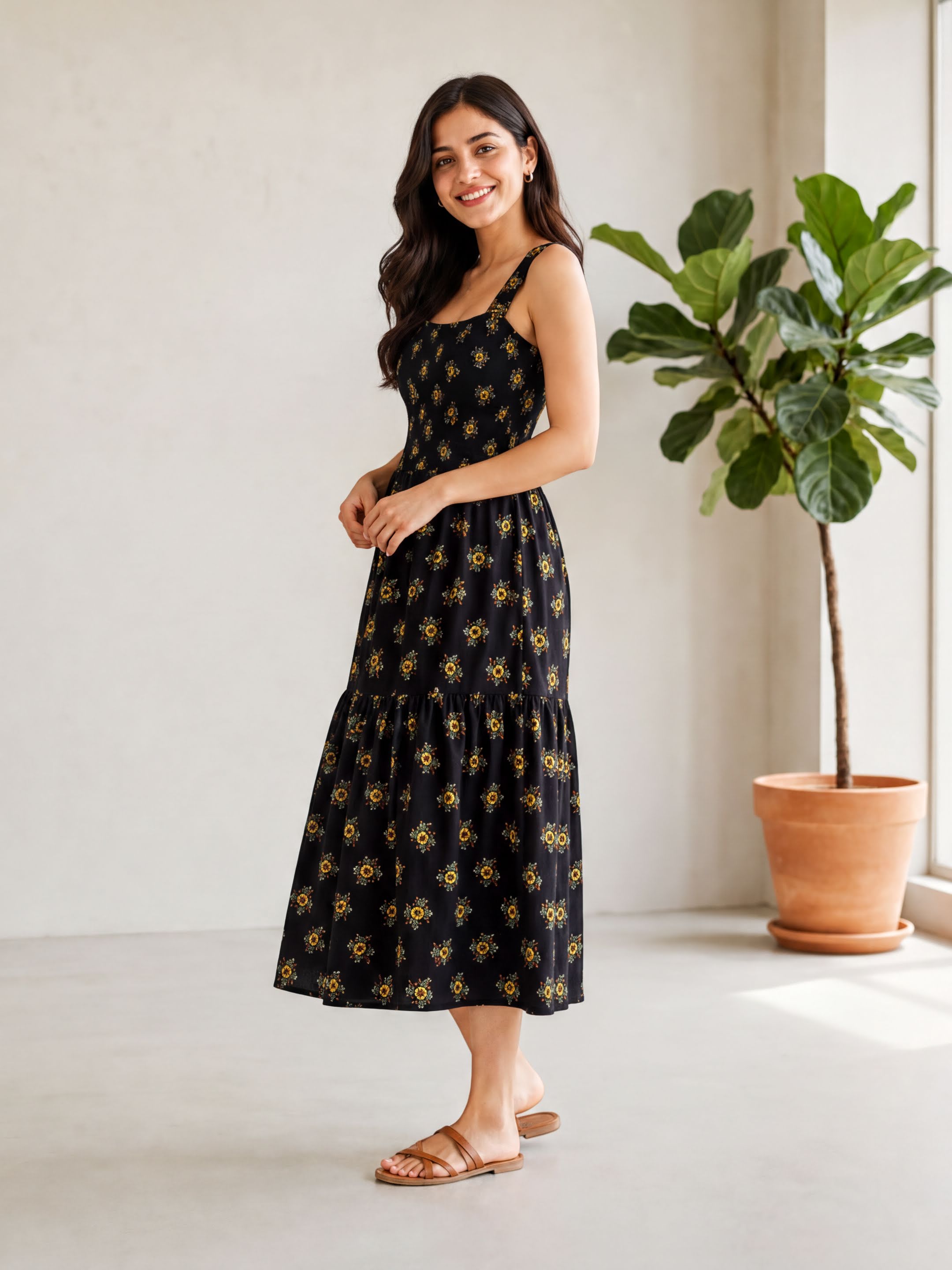 A woman in a black dress with yellow floral patterns stands in a room with a potted plant to her right.