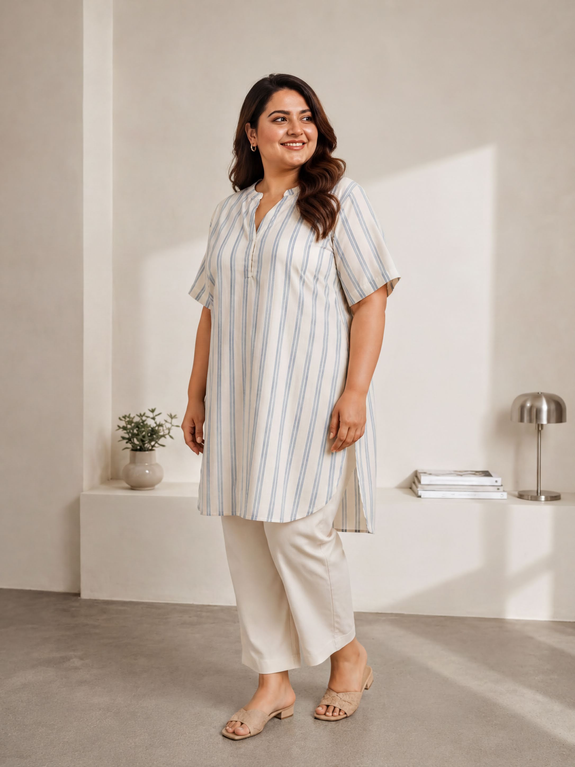 A woman wearing a striped dress and beige pants stands in a minimalist room with a white wall, a lamp, and a plant.