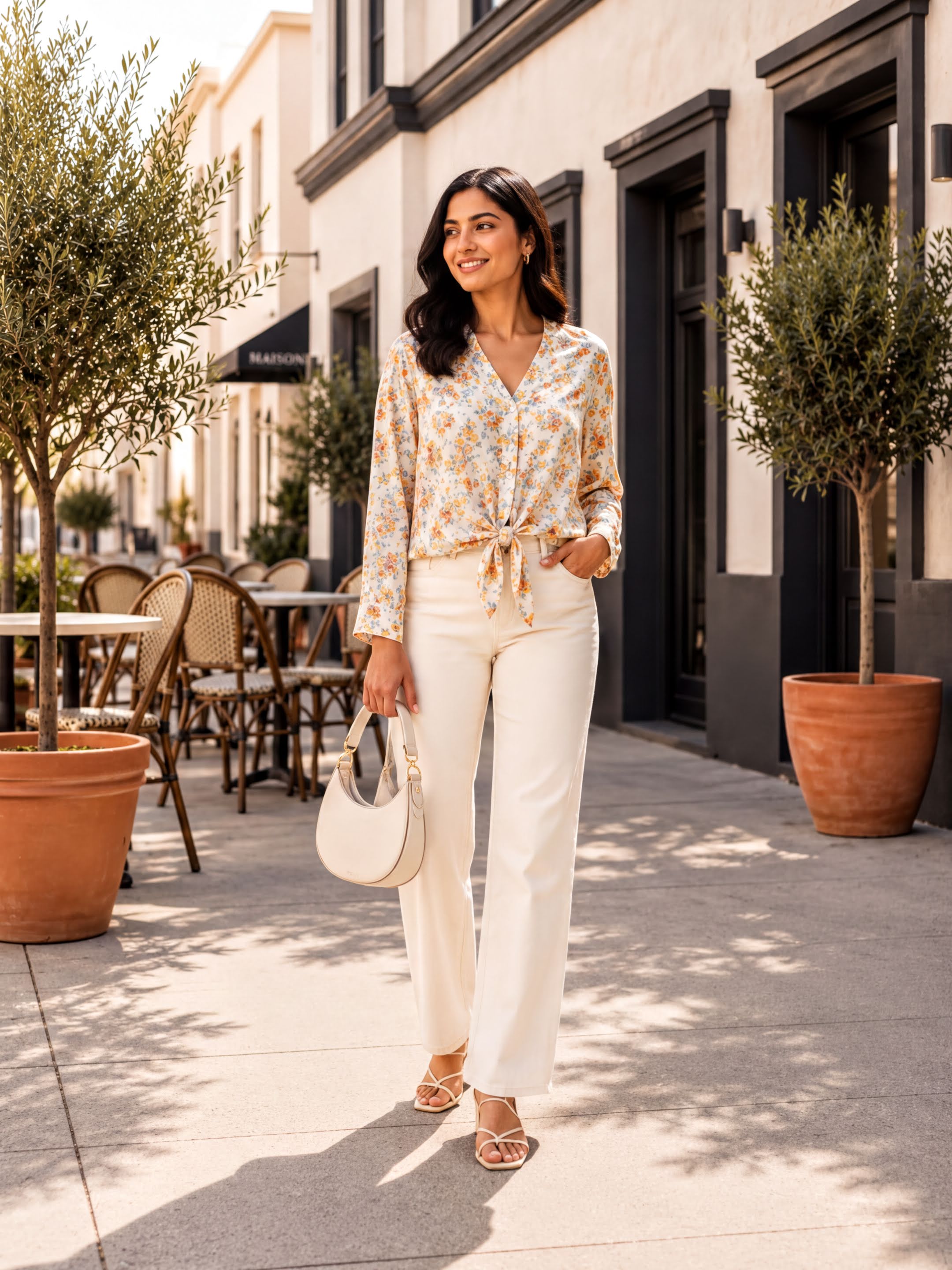 A woman in a floral blouse and white pants is walking on a sidewalk, carrying a white purse, with a building and potted plants in the background.