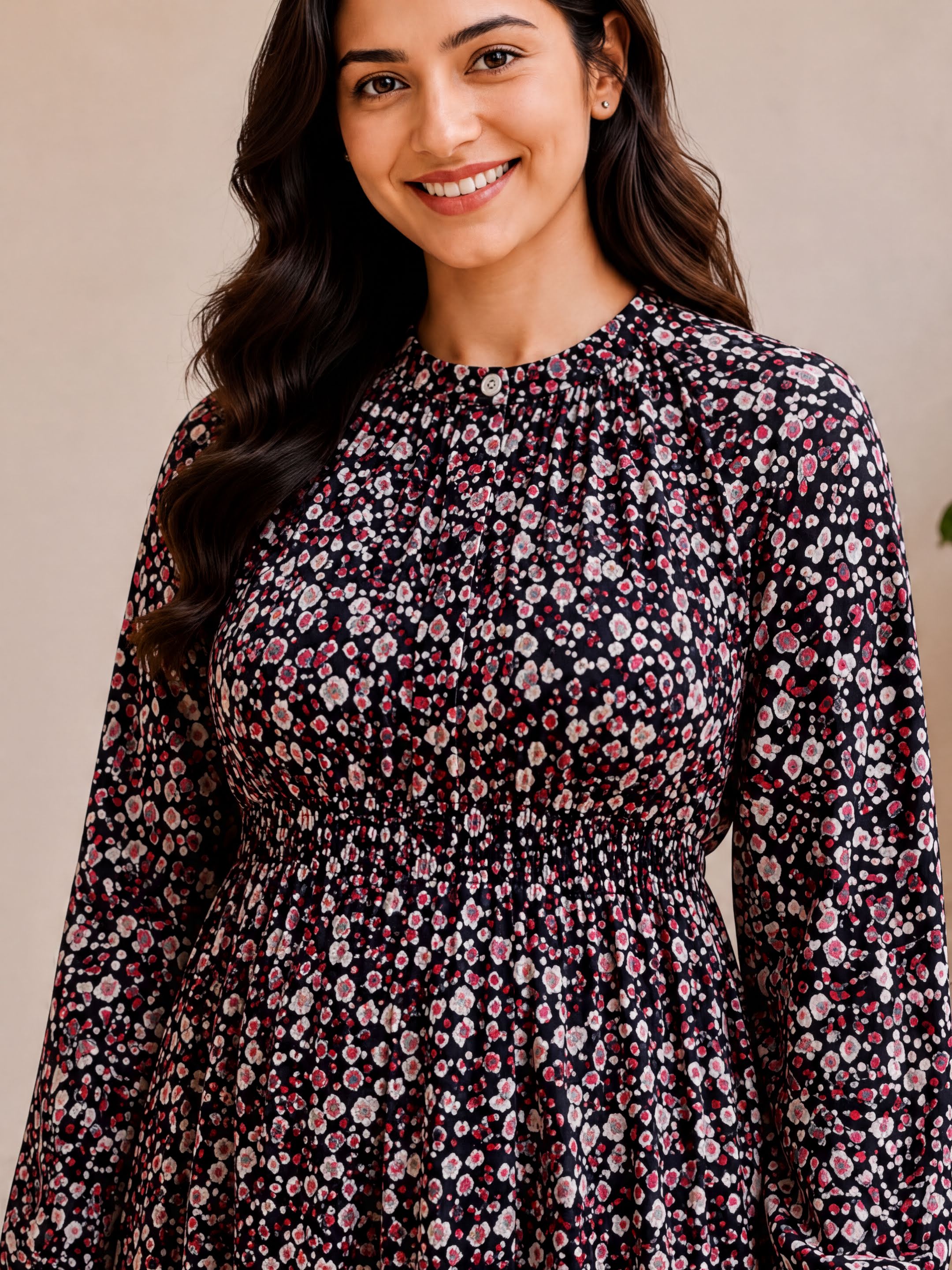 A woman with long dark hair is smiling and wearing a long sleeved dress with a floral pattern.