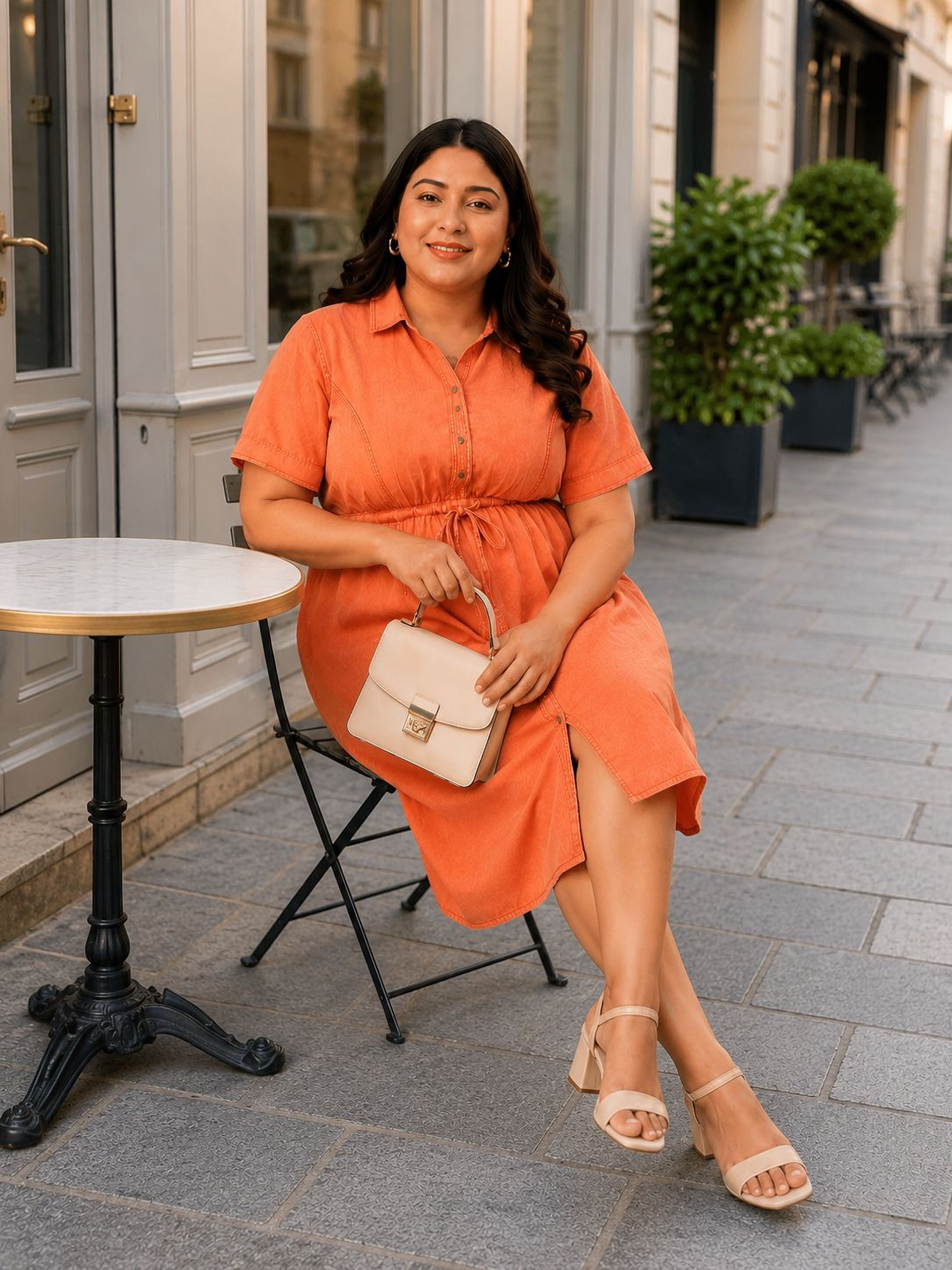 A woman in an orange dress is sitting at a table on a sidewalk, smiling and holding a small purse.