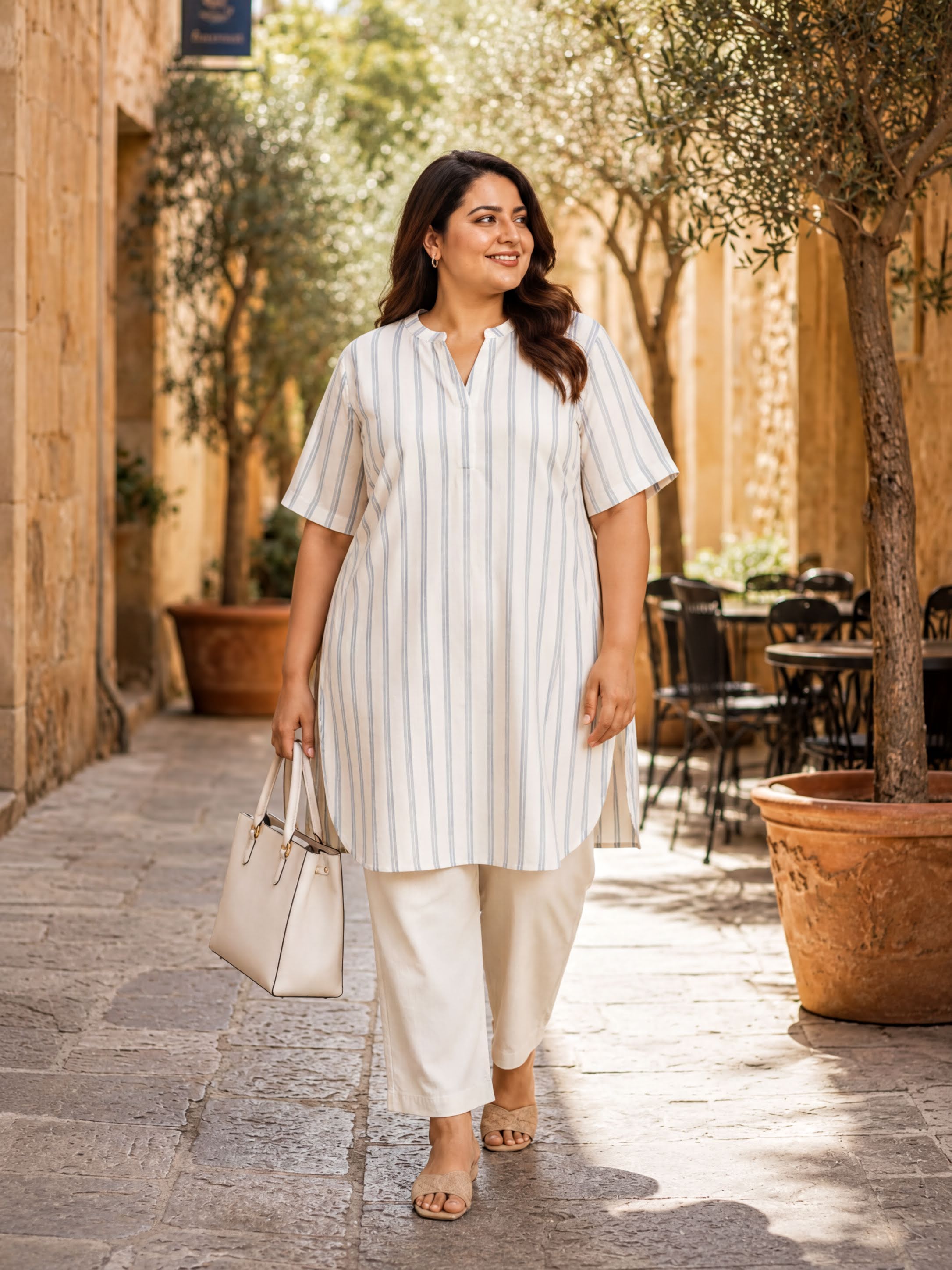 A woman wearing a striped dress and carrying a white handbag is walking down a stone paved street lined with potted plants and outdoor seating.