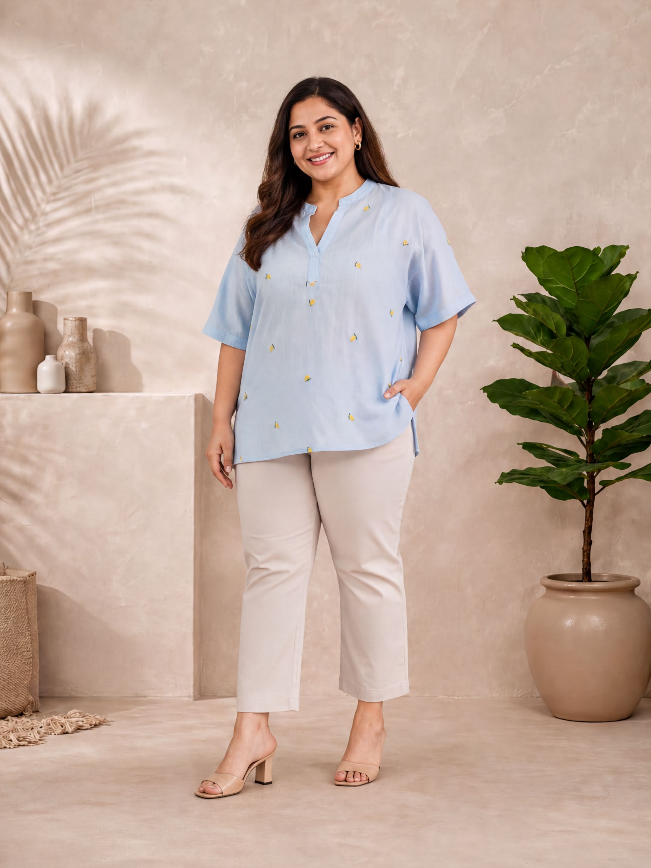 A woman wearing a light blue blouse with yellow flowers, beige pants, and beige heels stands in a room with a potted plant and a shelf with decorative items.
