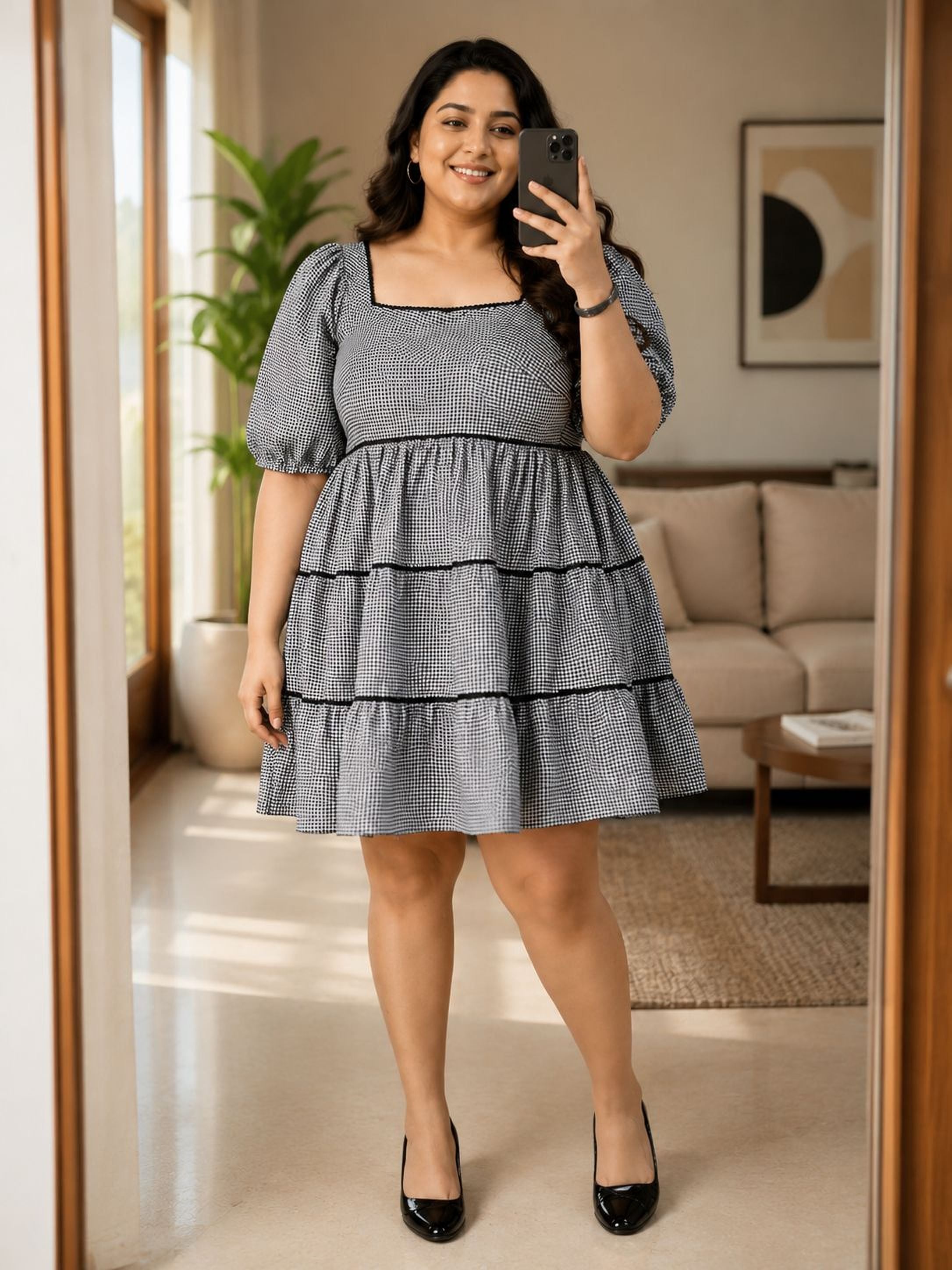 A woman is taking a selfie in a living room, wearing a gray and black striped dress with puffed sleeves and a ruffled skirt.