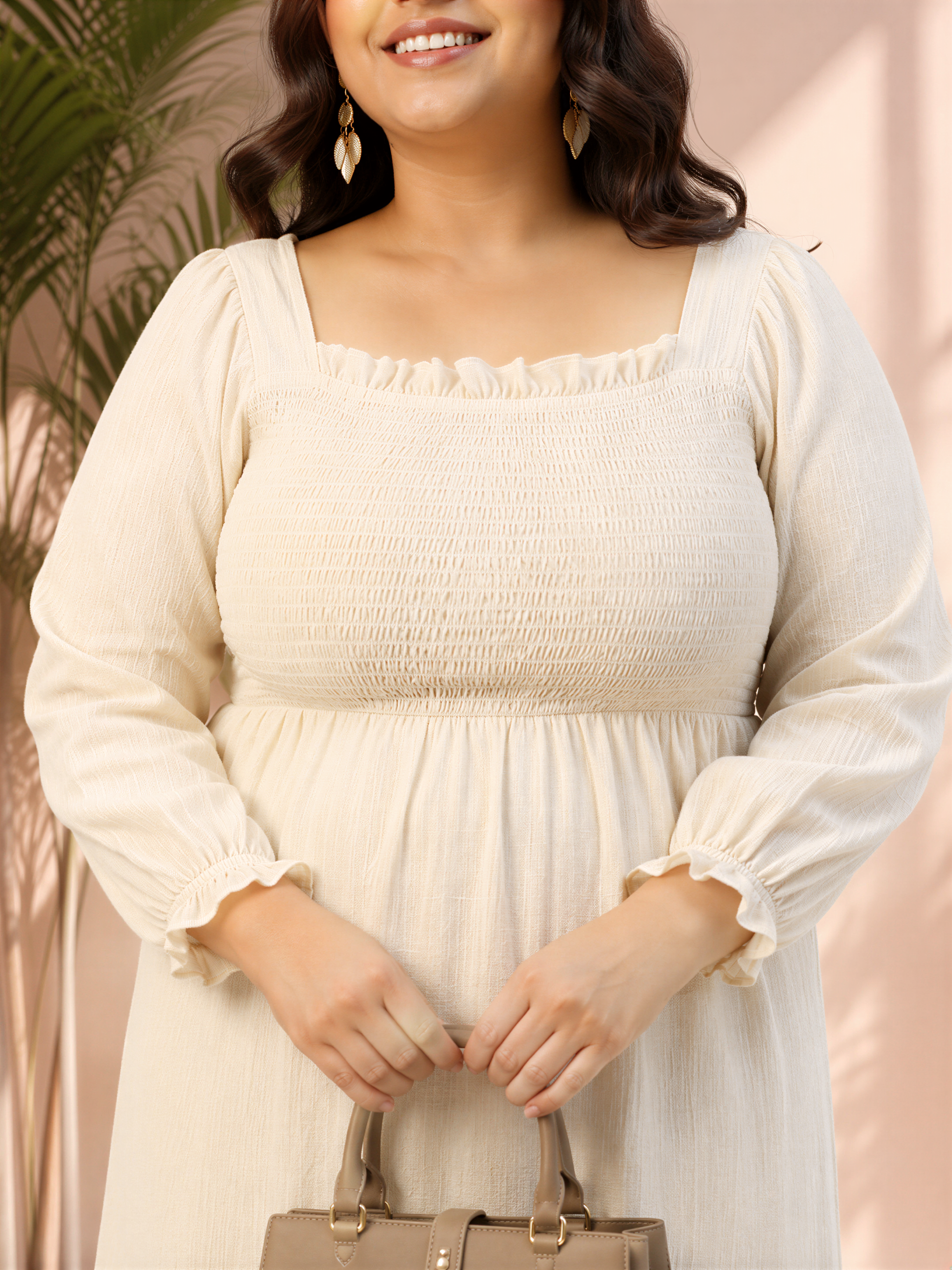 solid beige long sleeve plus size dress