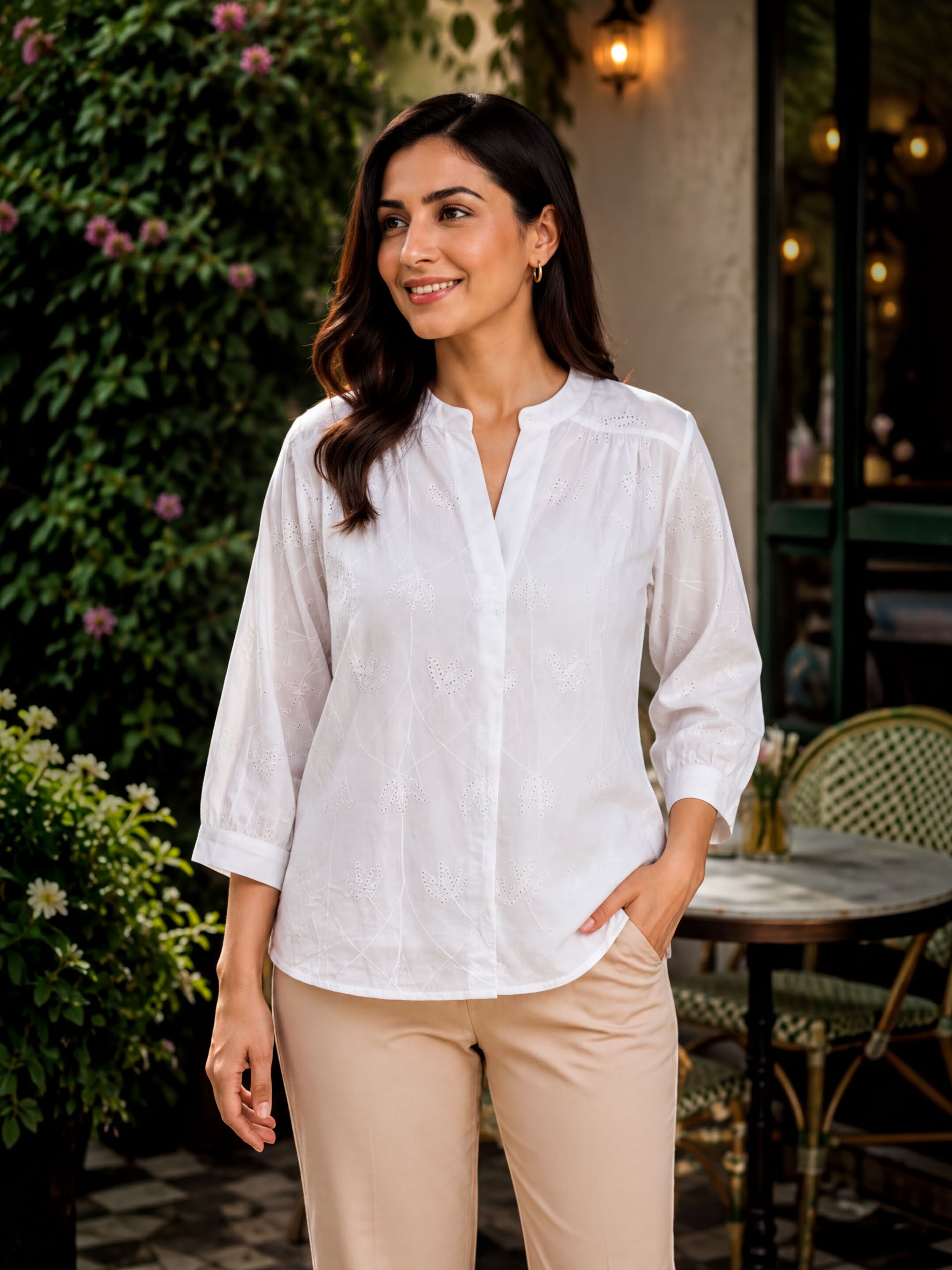 A woman wearing a white blouse and beige pants stands in front of a building with a green awning, smiling and looking to her left.