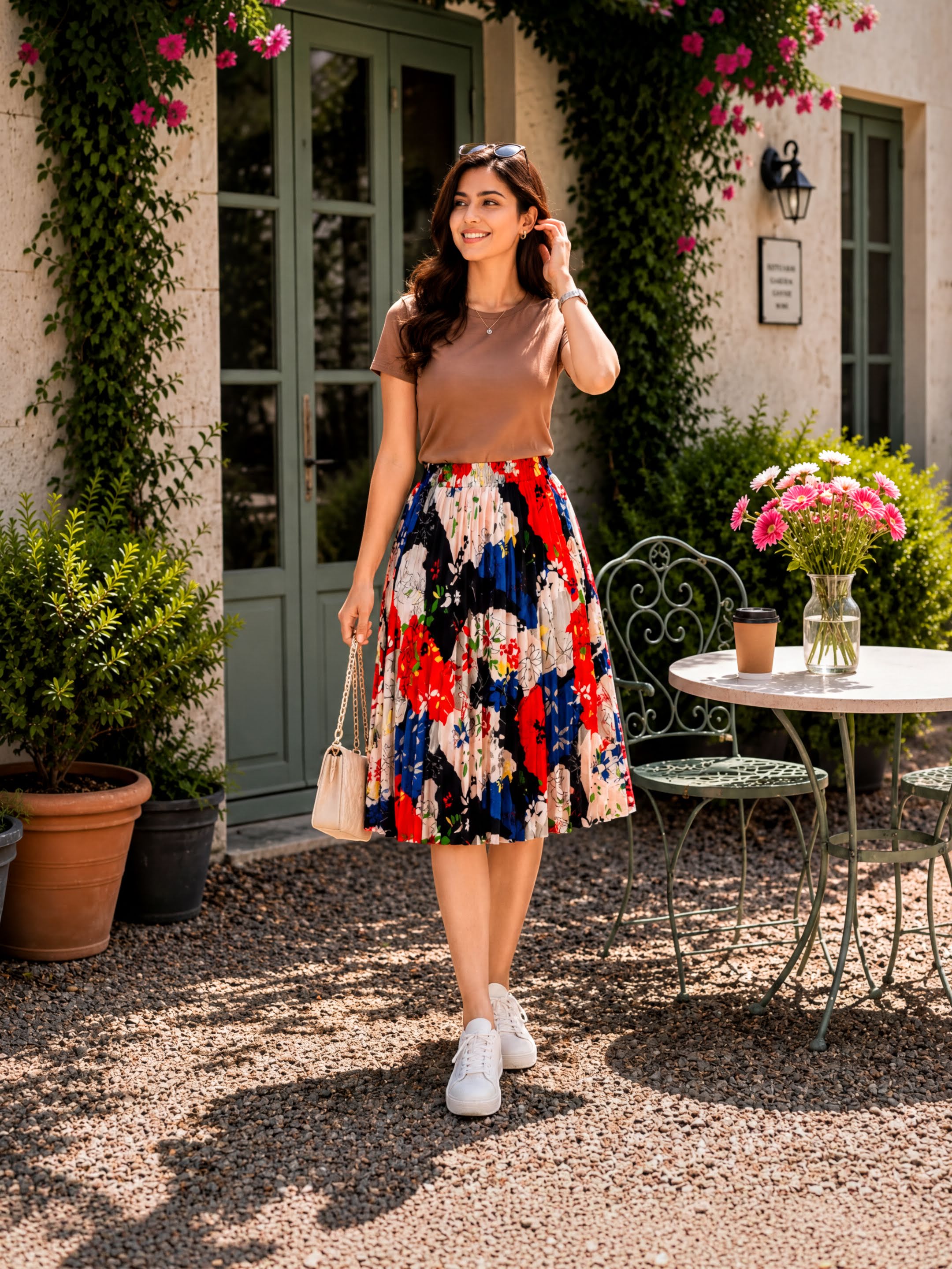 A woman in a brown top and a colorful skirt stands in front of a building with a green door and a table with flowers.