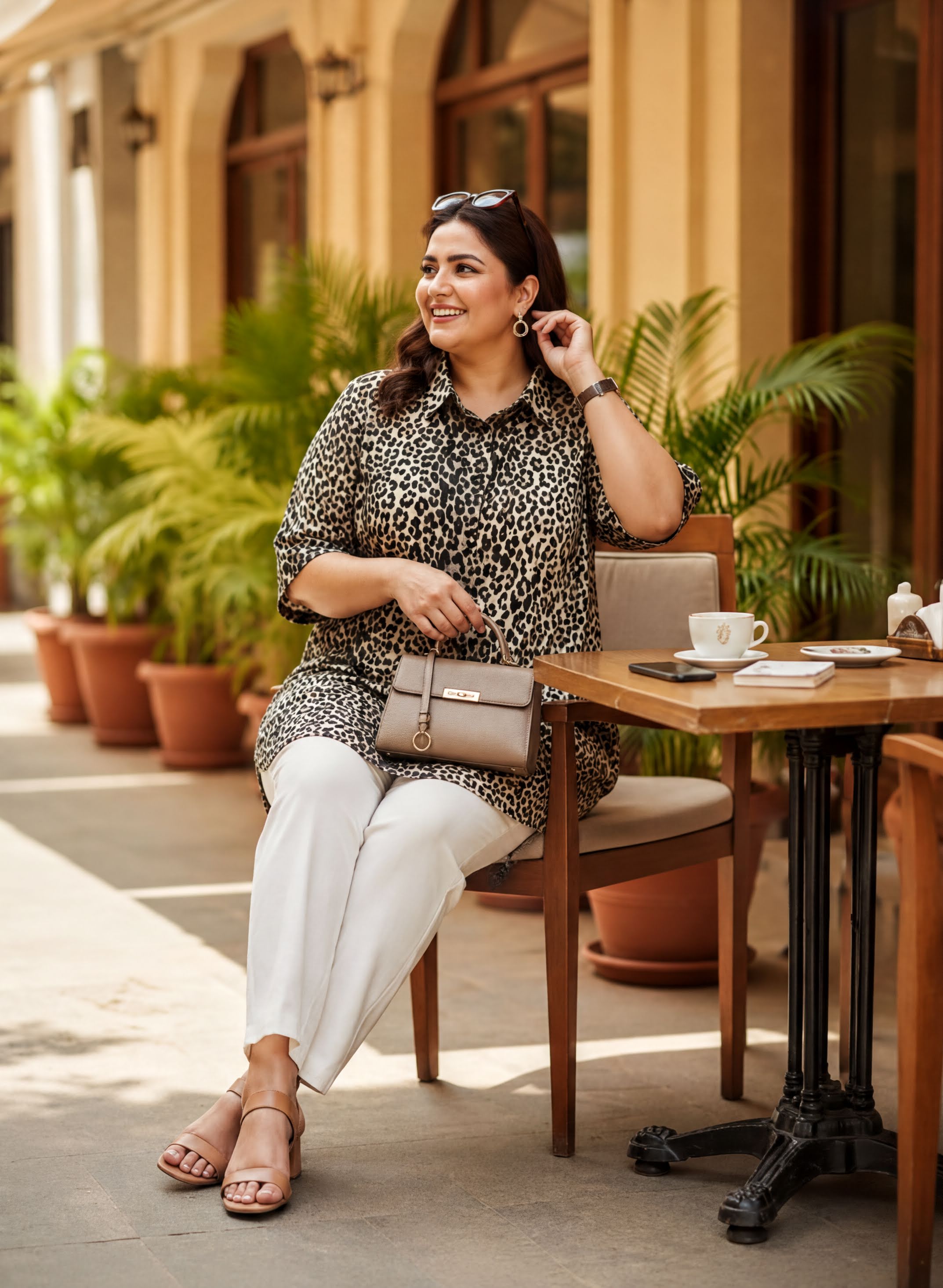 A woman in a leopard print dress is sitting at an outdoor table, smiling and holding a small purse.