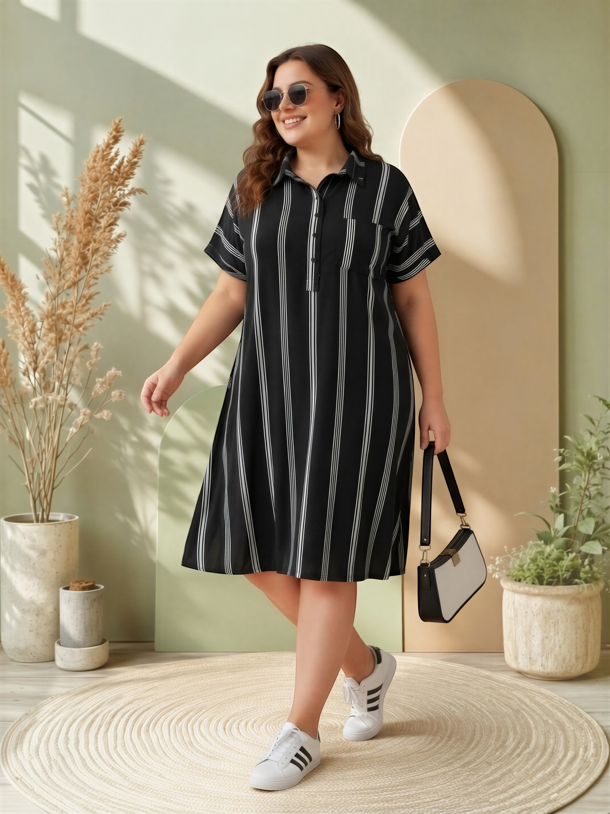 A woman wearing a striped dress and sunglasses is standing in front of a green wall, holding a black and white handbag.