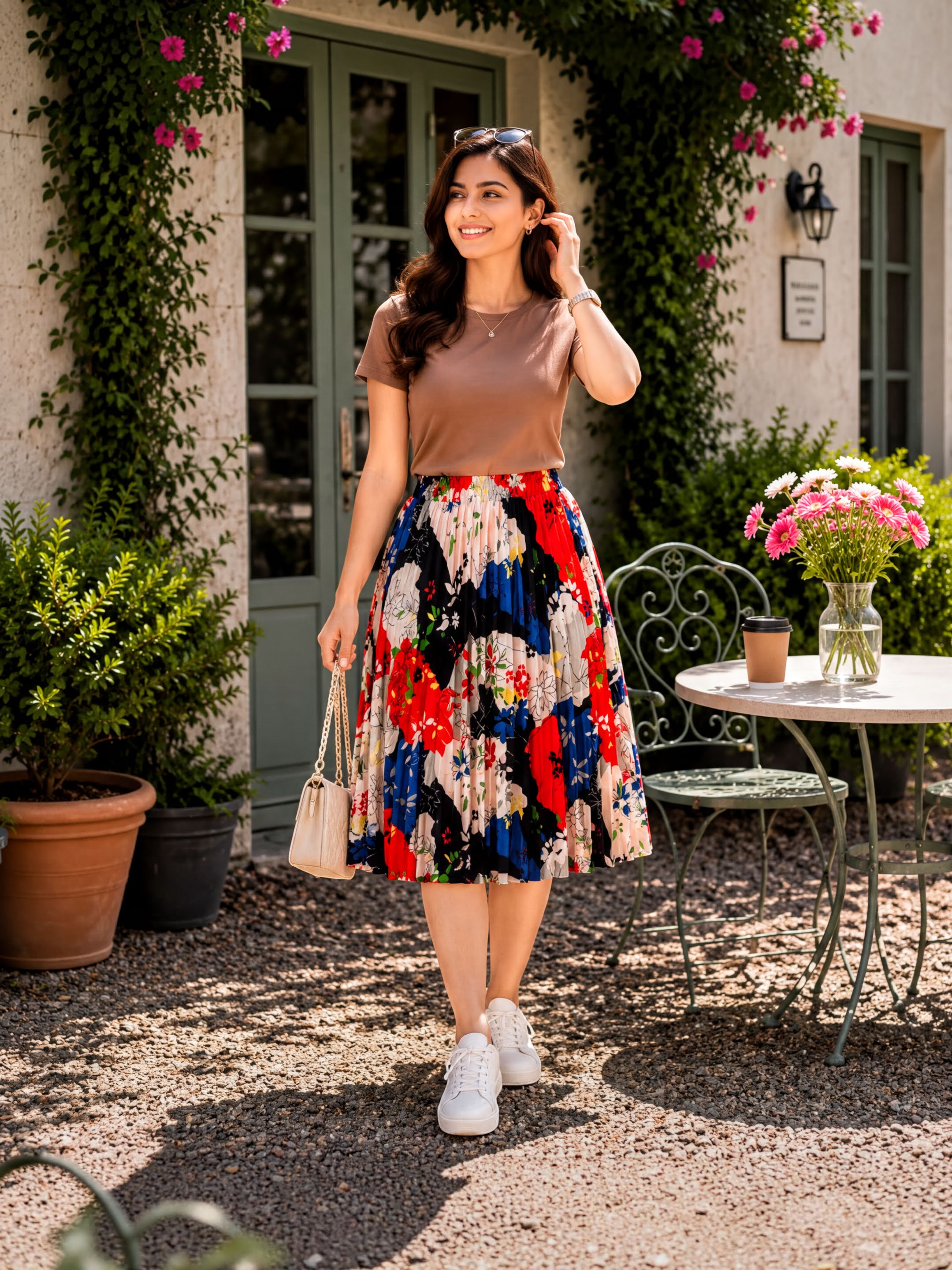 A woman wearing a brown top, a colorful midi skirt, and white sneakers stands in front of a building with a table and flowers.