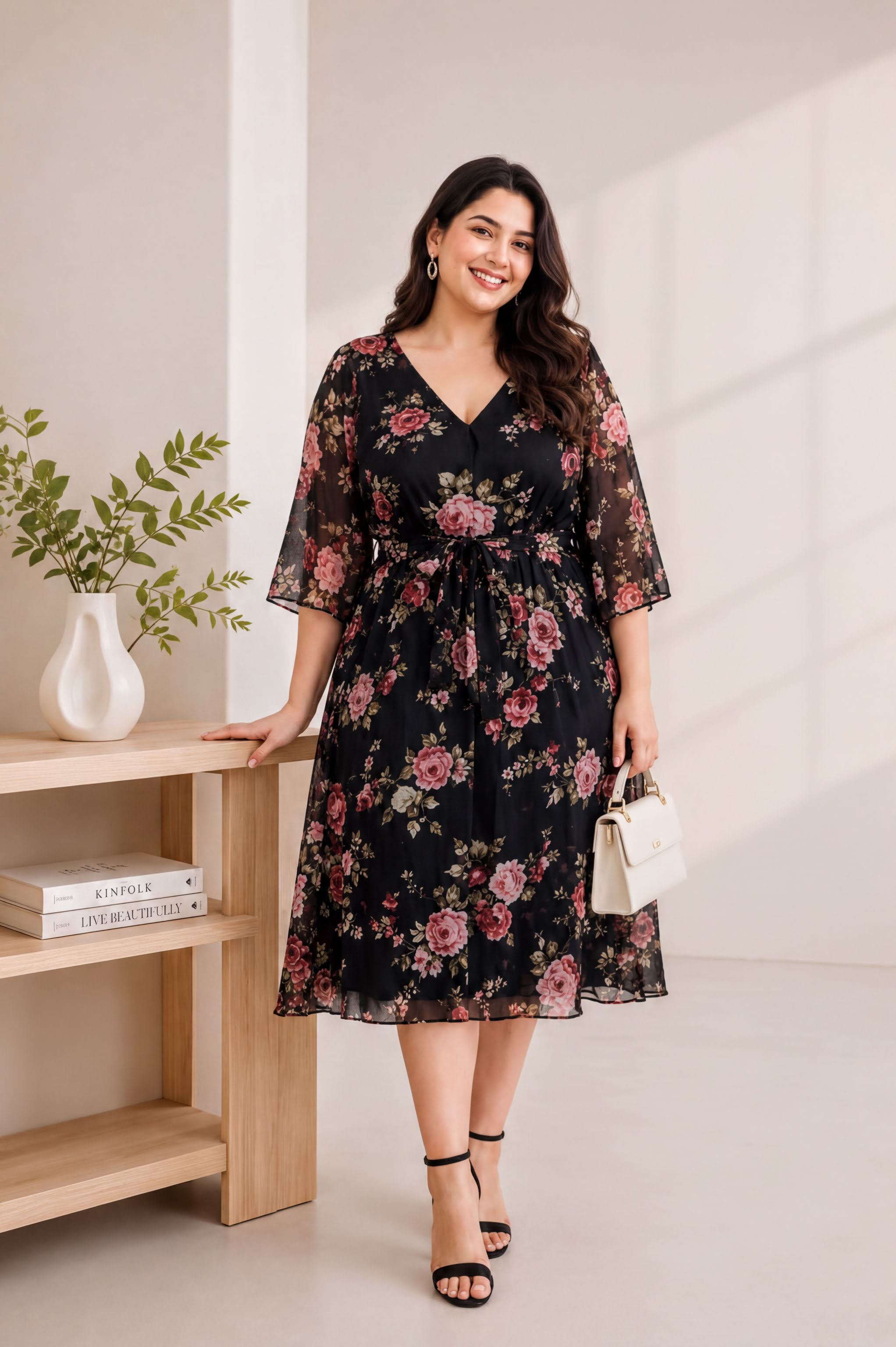 A woman wearing a black floral dress with a v neck and flared sleeves stands in a room with a wooden shelf and a white vase with greenery.