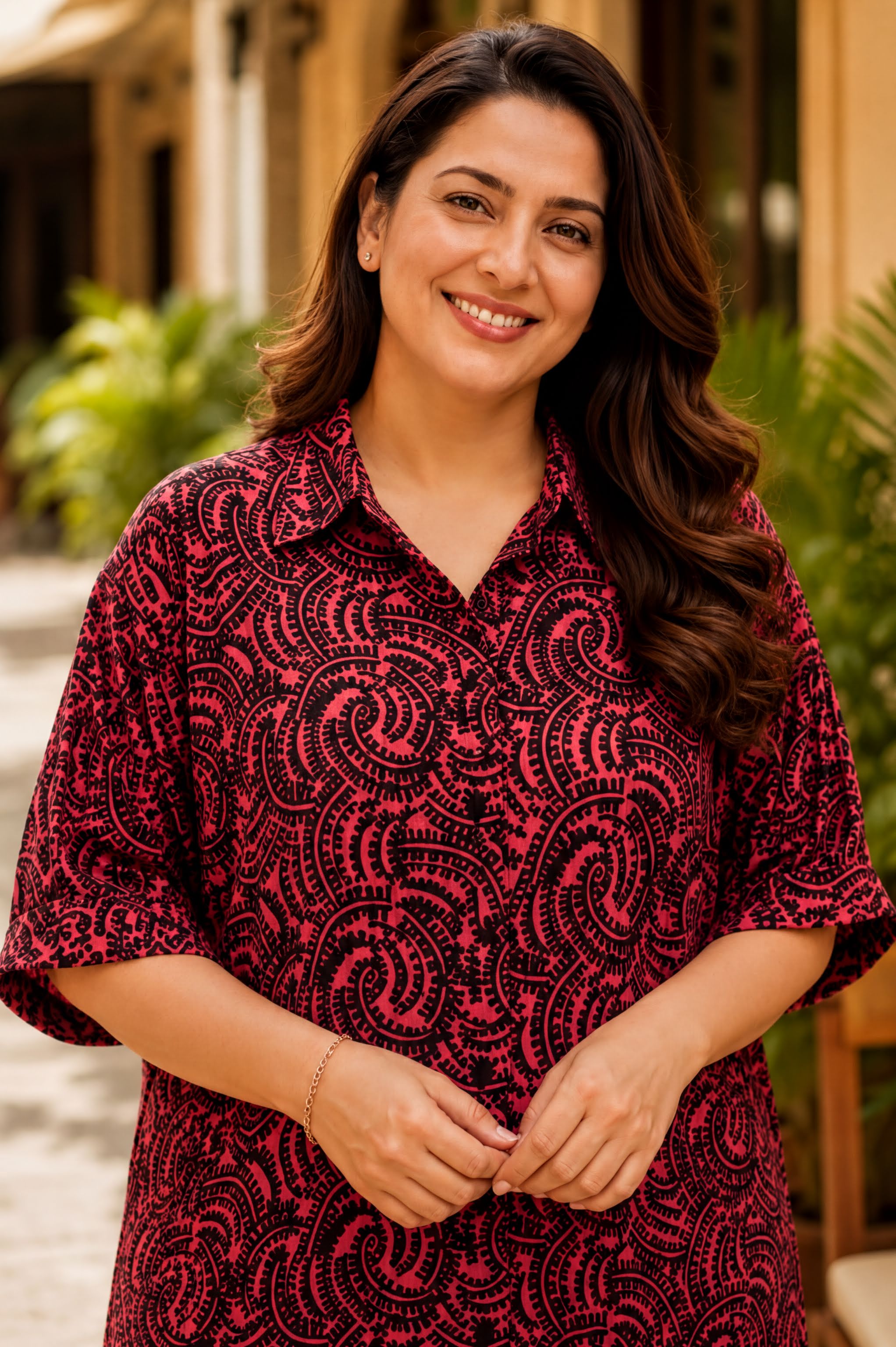 A smiling woman with long brown hair wearing a red and black patterned dress stands in front of a building with plants in the background.