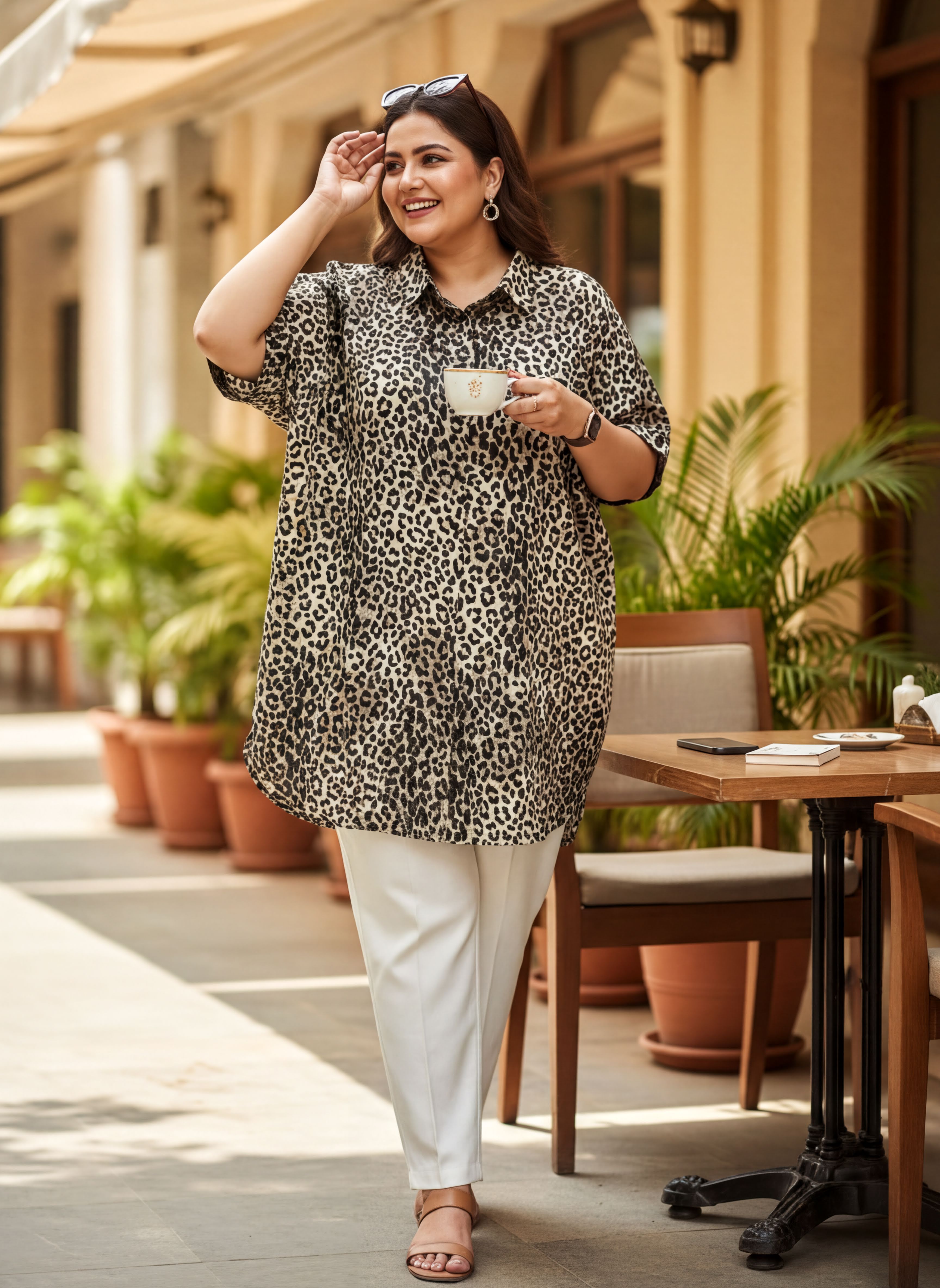 A woman wearing a leopard print dress and white pants is standing in front of a wooden table with a glass of water and a cell phone on it.