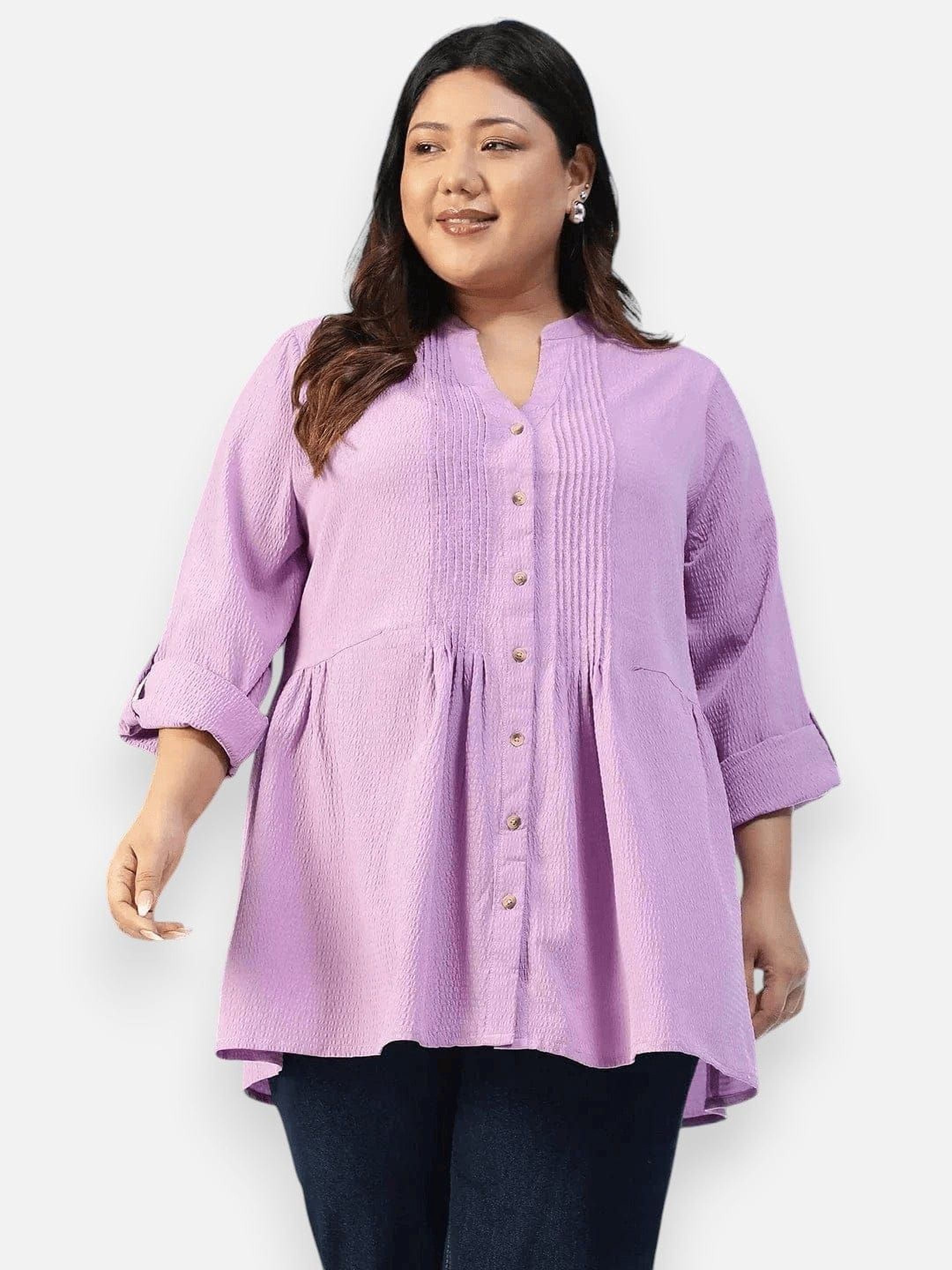 subtle-solid-purple-long-sleeve-pleates-detail-button-down-plus-size-women-dobby-tunic
