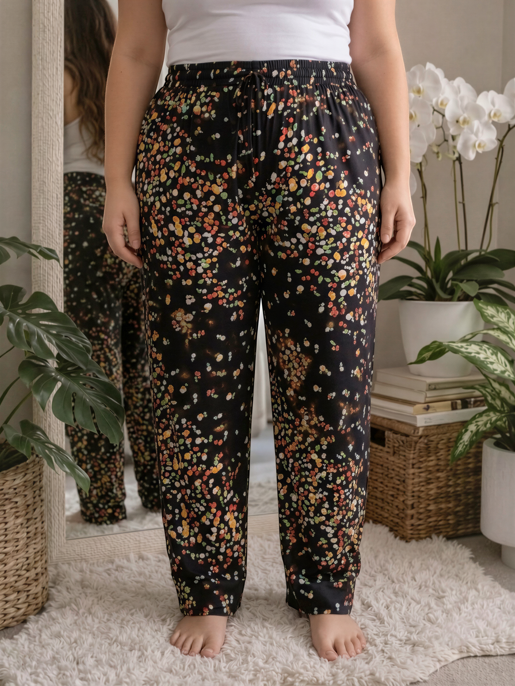 A person wearing a white top and black pants with a colorful floral print stands in front of a mirror, with potted plants and a basket nearby.