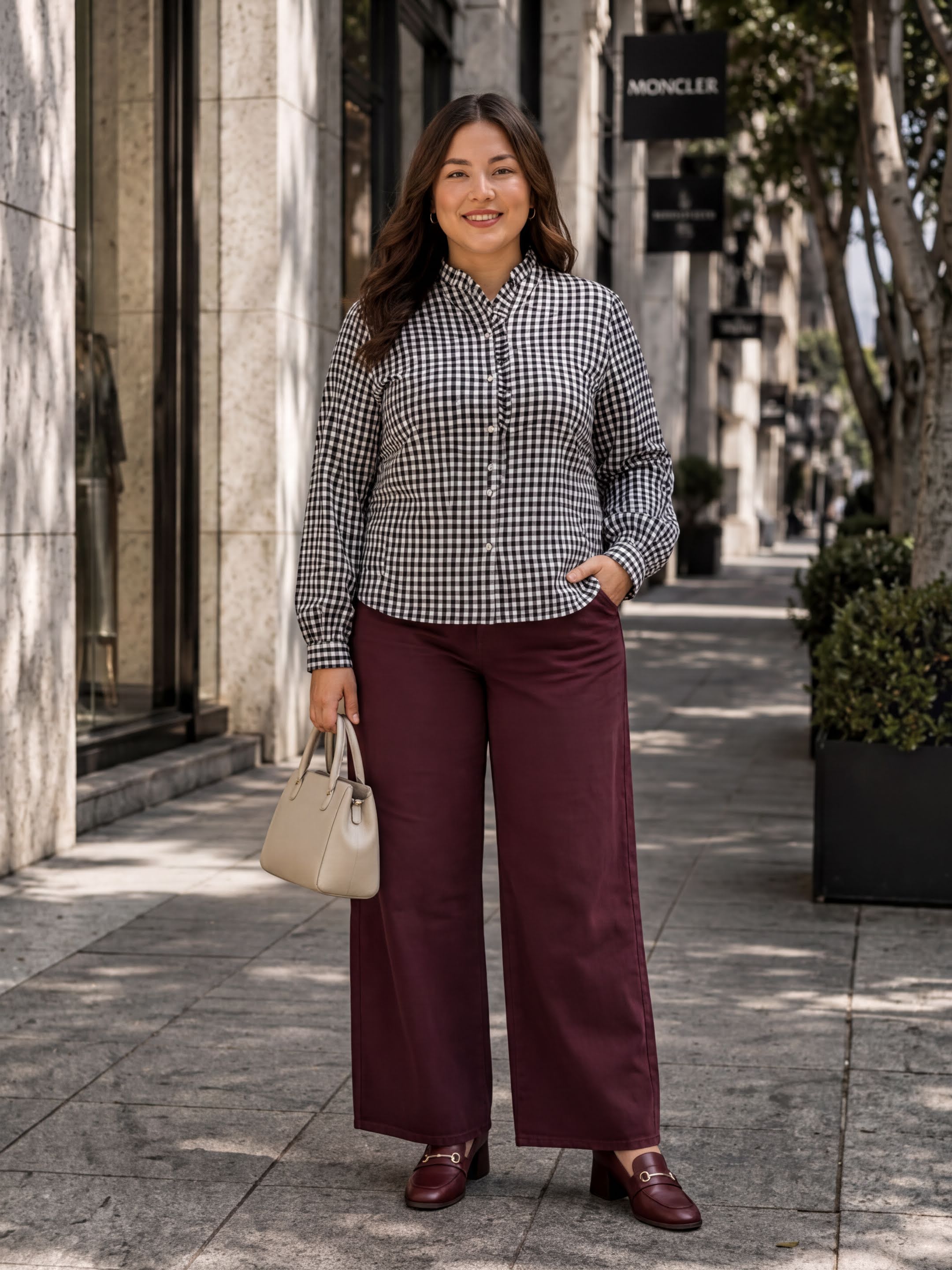 A woman wearing a black and white checkered shirt, burgundy pants, and brown loafers is standing on a sidewalk, holding a beige handbag.