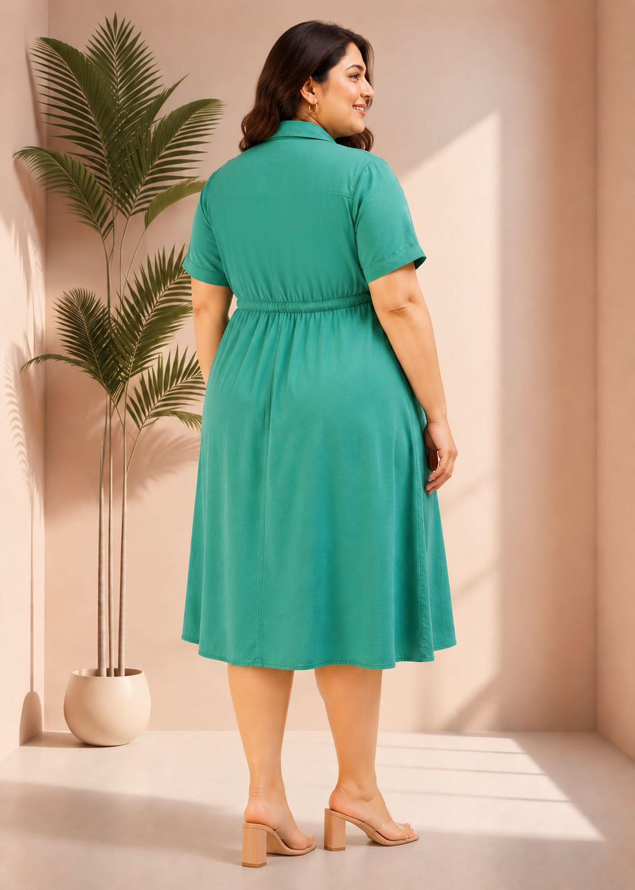 A woman wearing a green dress stands in front of a pink wall, with a potted plant to her left.