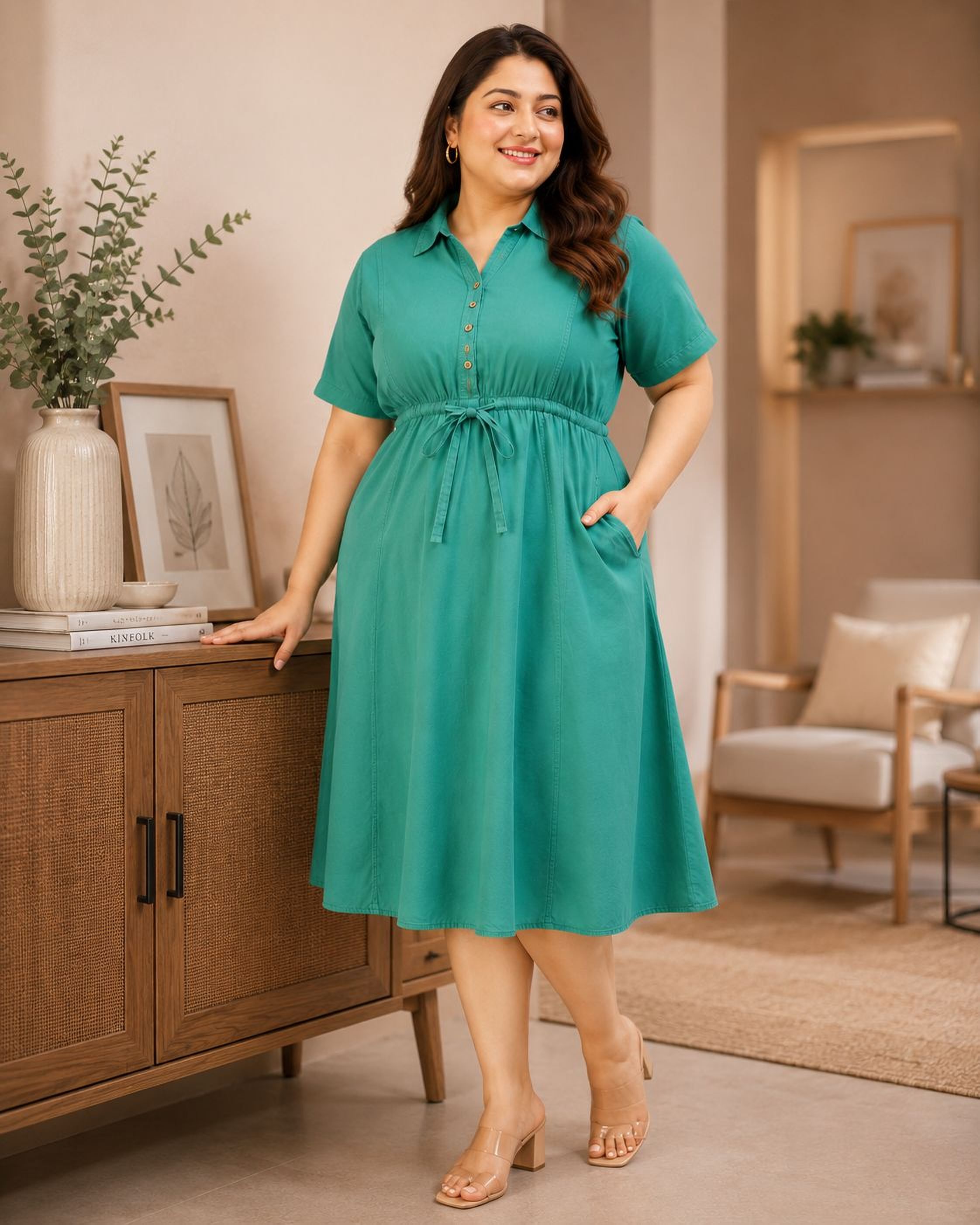 A woman in a green dress stands in a room with a wooden cabinet, a vase of greenery, and a framed picture on the wall.