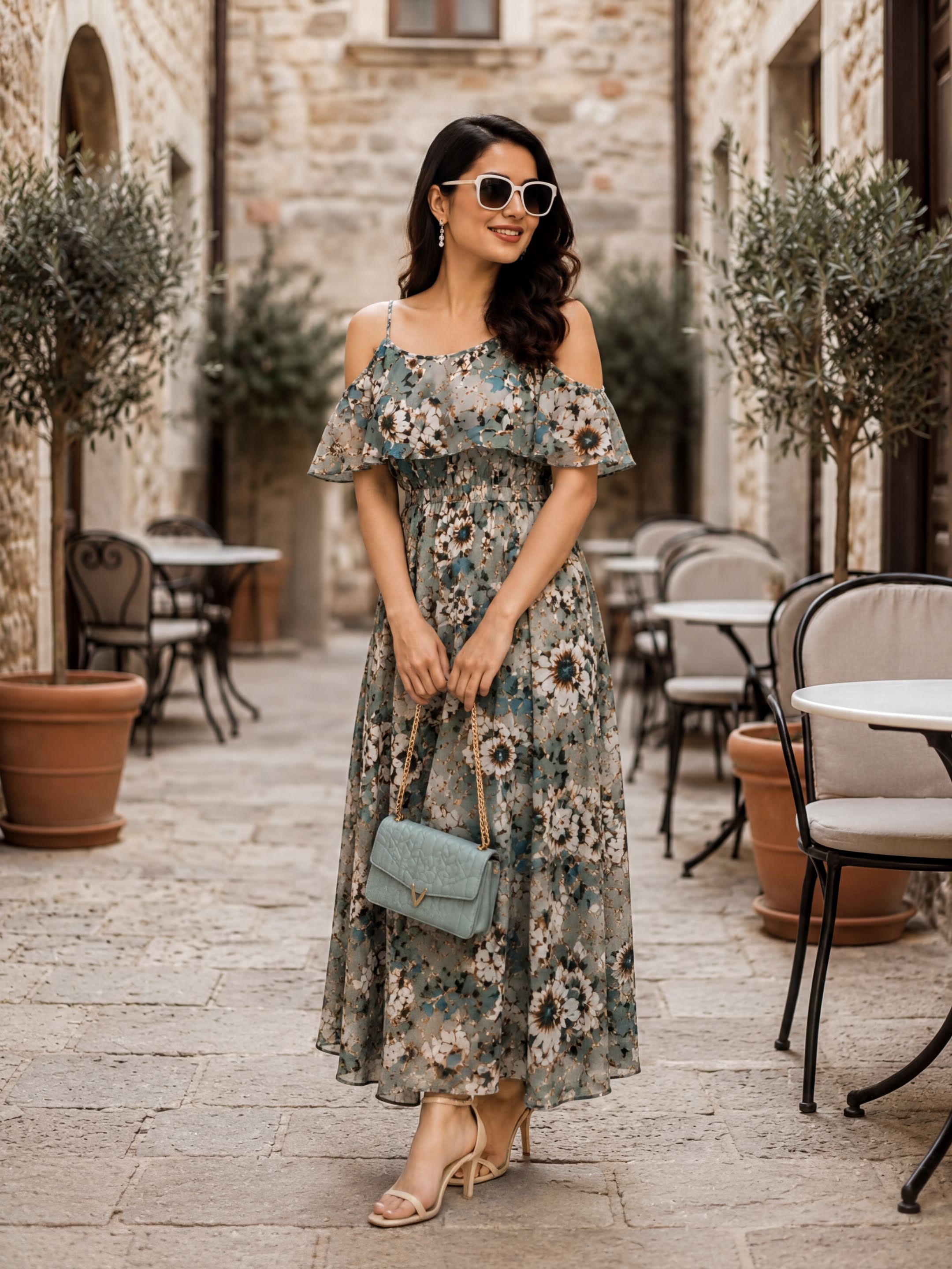 A woman wearing a floral print dress and sunglasses stands in a courtyard with potted plants and outdoor seating.
