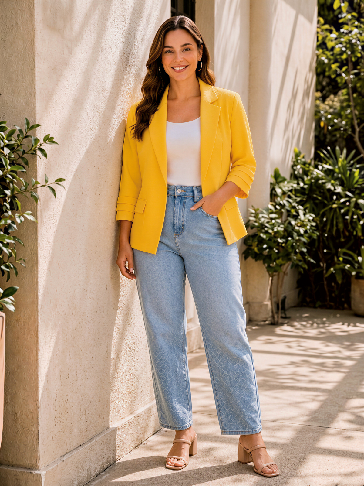 A woman wearing a yellow blazer, blue jeans, and beige heels is standing in front of a building, smiling at the camera.