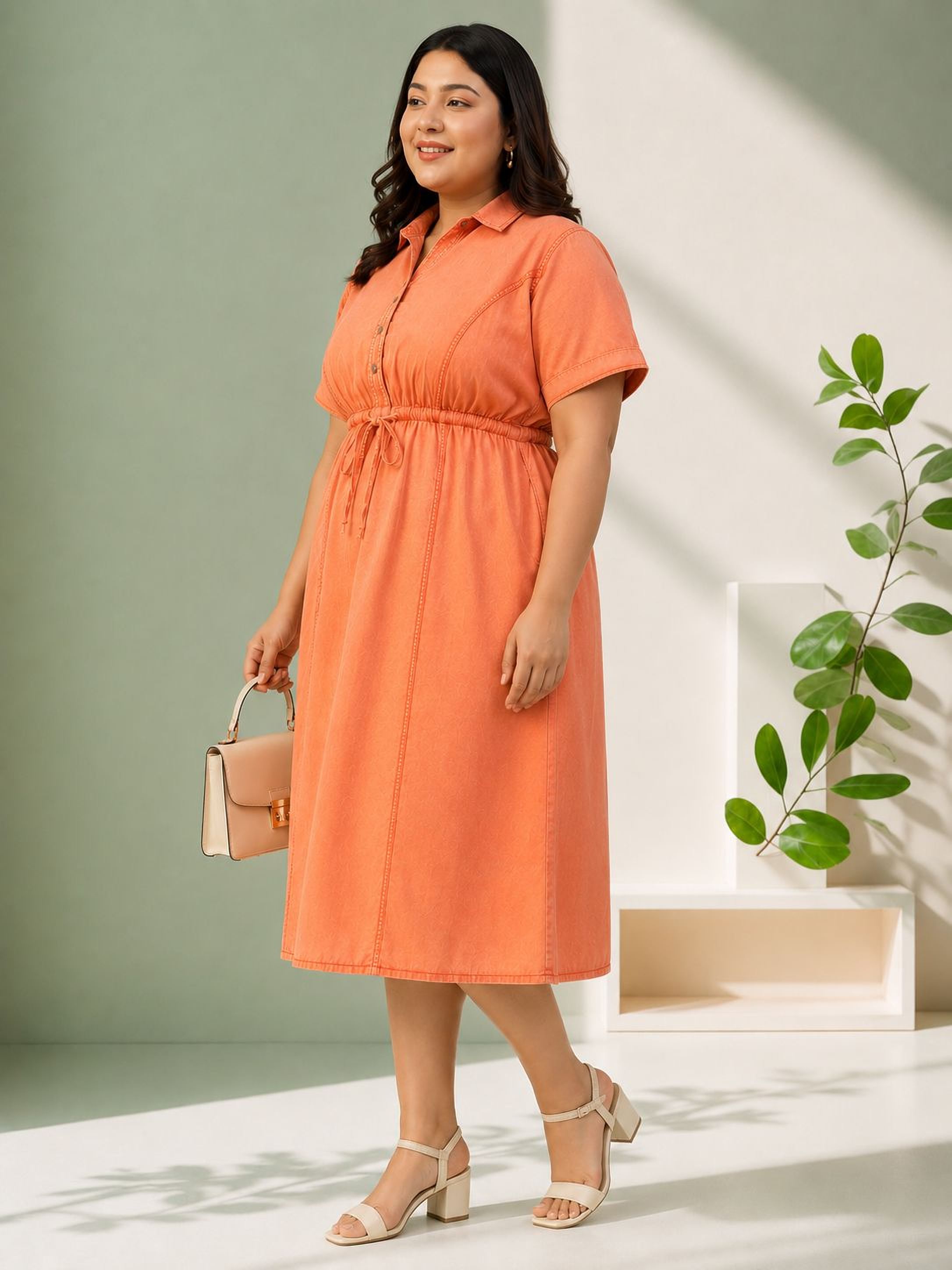 A woman wearing an orange dress and holding a small purse stands in front of a green wall with a plant.