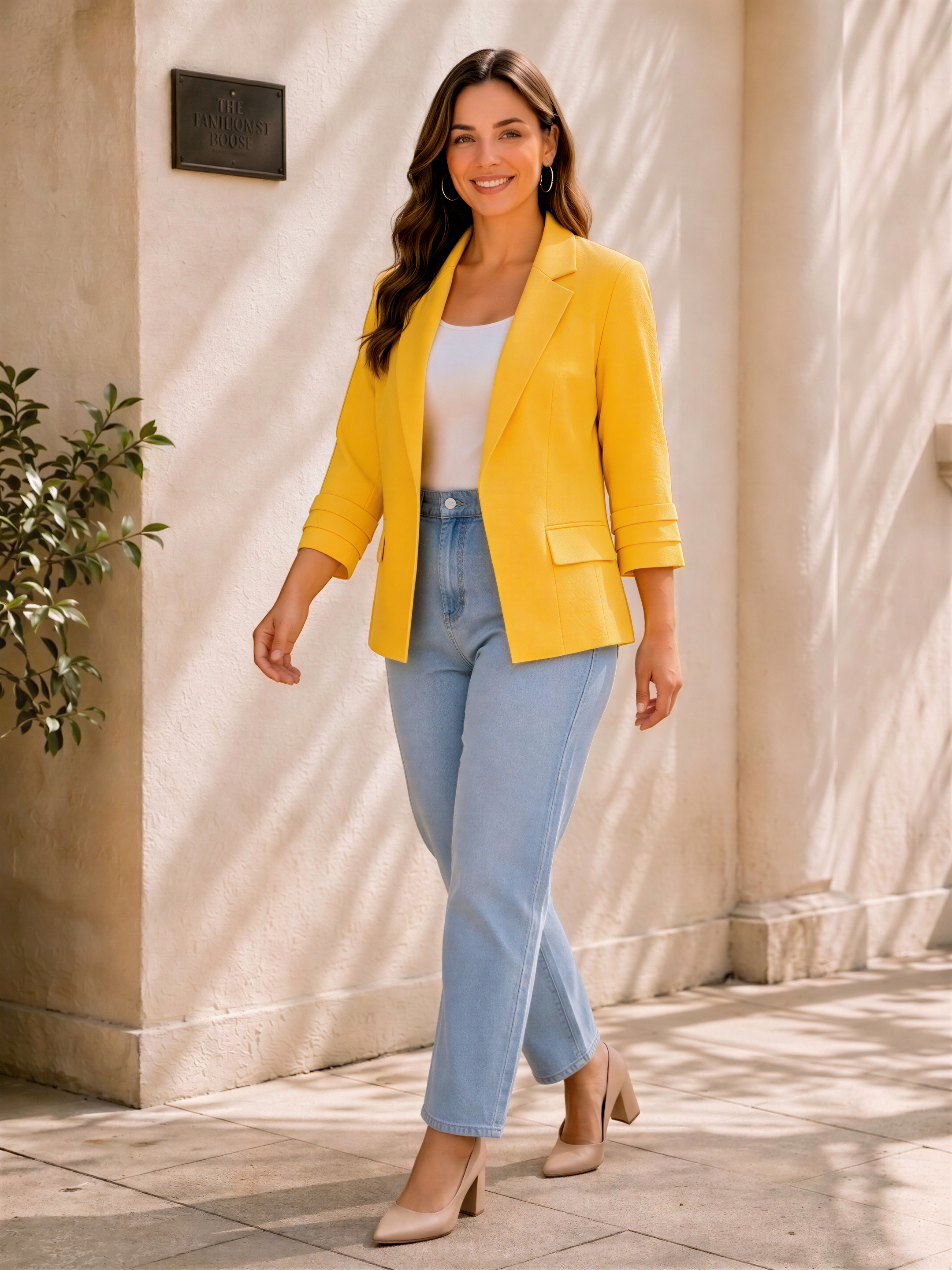 A woman wearing a yellow blazer, white top, and light blue jeans is walking on a sidewalk, smiling at the camera.