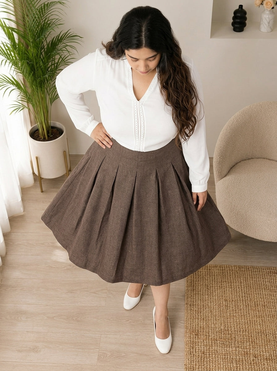Plus Size Bronzed Solid Pleated Skirt