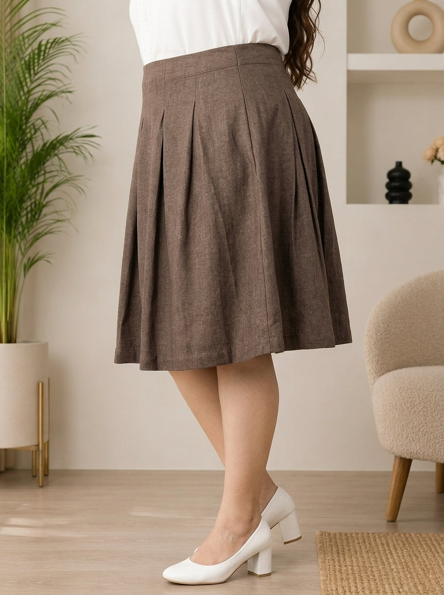 Plus Size Bronzed Solid Pleated Skirt