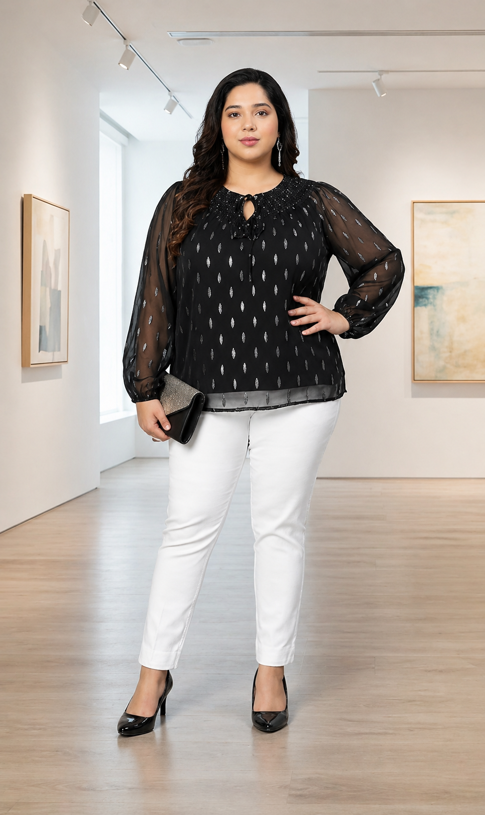 Plus size woman wearing black printed blouse and white pants, holding clutch in gallery