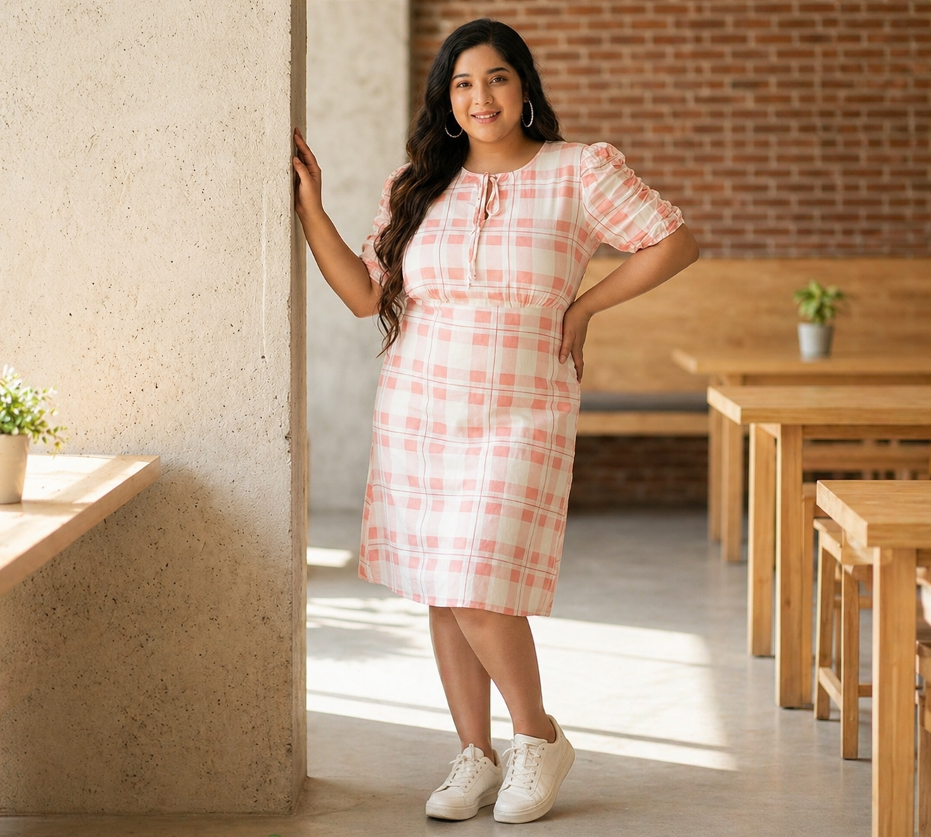 Woman in pink plaid knee-length dress with puff sleeves and white sneakers standing in a sunlit cafe