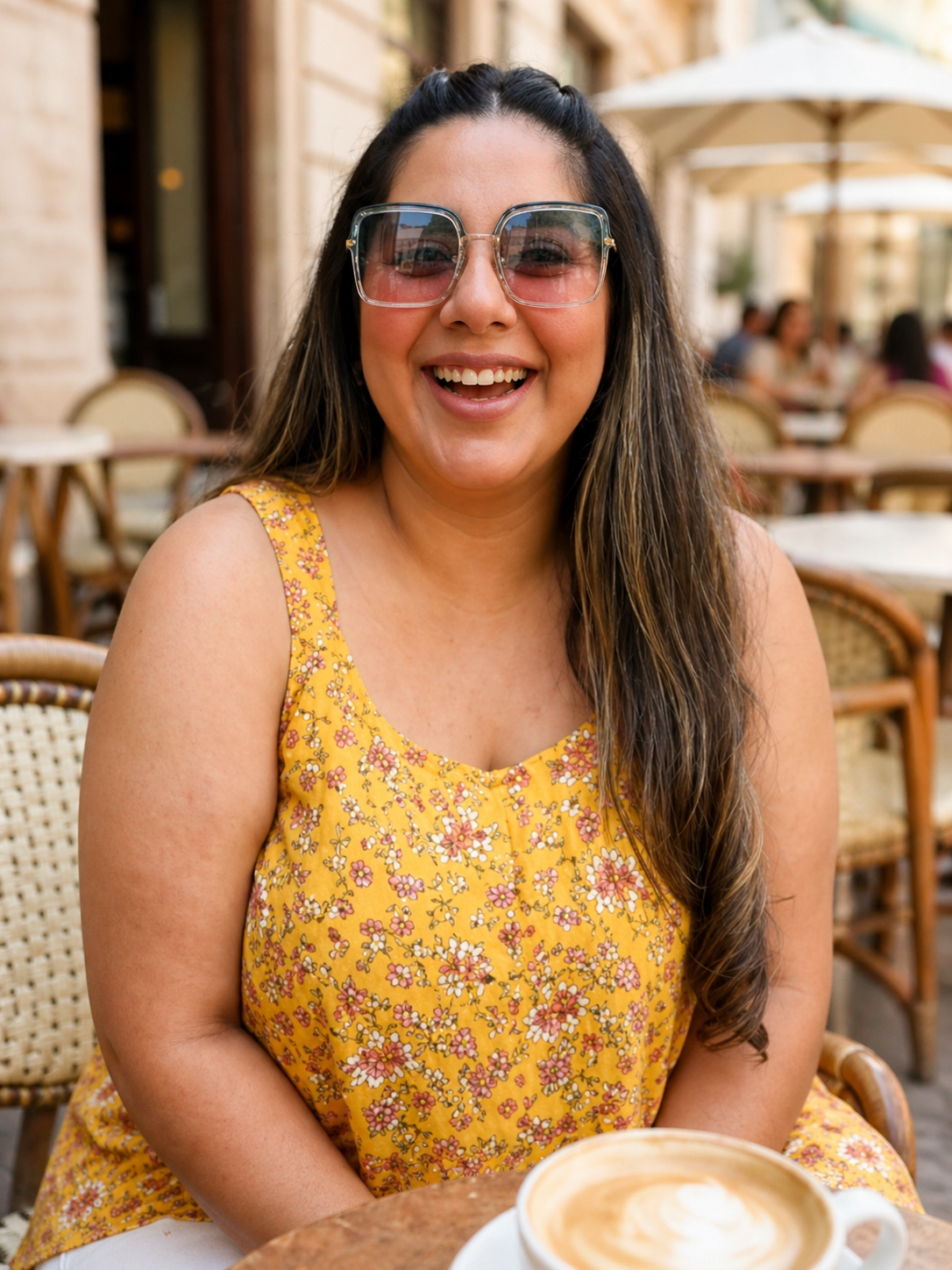 Smiling woman in a yellow floral dress and sunglasses at outdoor café with latte