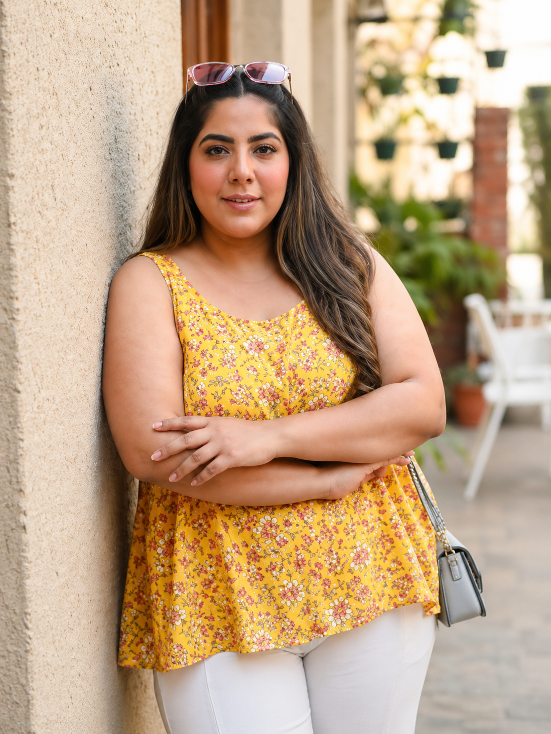 Woman in yellow floral plus size sleeveless top and white pants standing outdoors