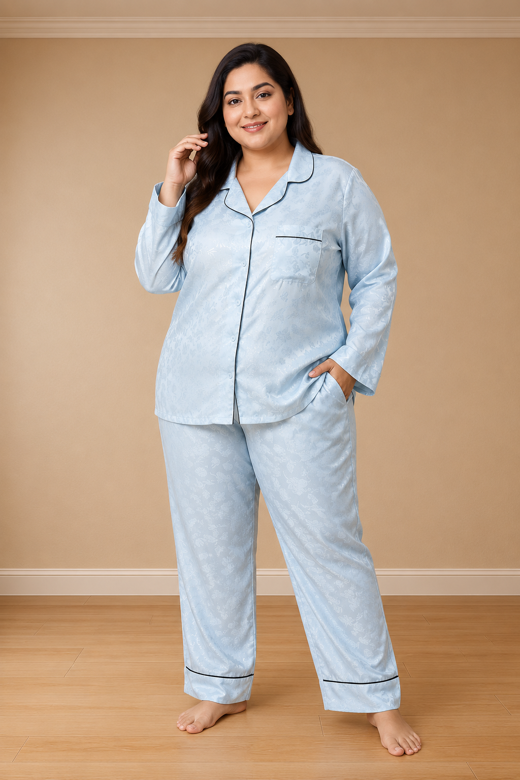 Plus Size Blue Tactile Print Co-Ord Set | Nightwear Set
