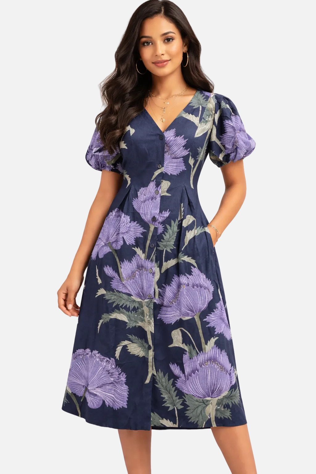 Women Blue Floral Print Cotton Linen Dress