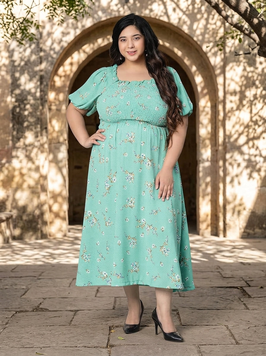 Plus Size Sea Green Floral Printed Dress